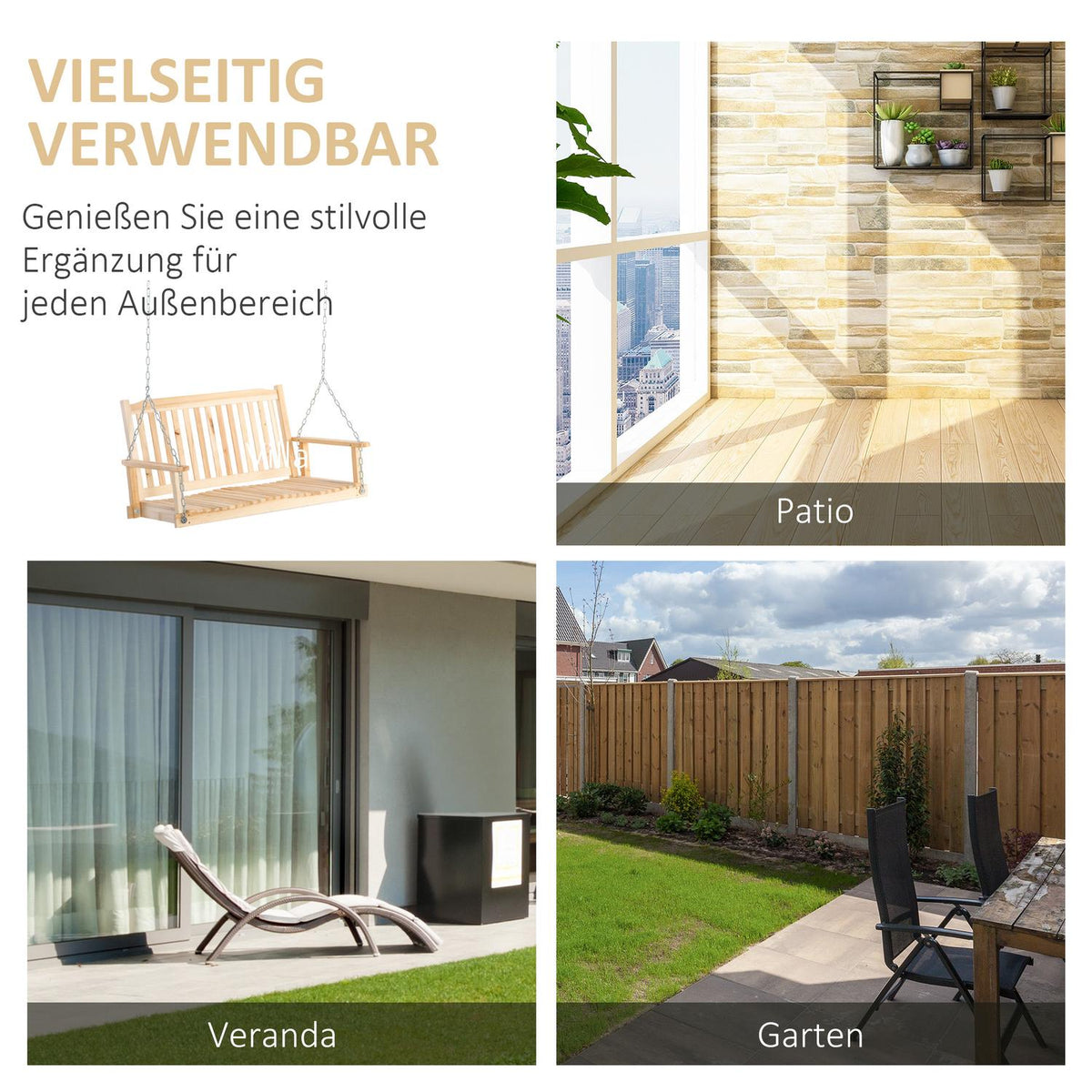 Garden Swing For 2 People Swing Bench Hanging Bench Solid Wood Patio Terrace Backyard Natural 117 X 69 X 60 Cm