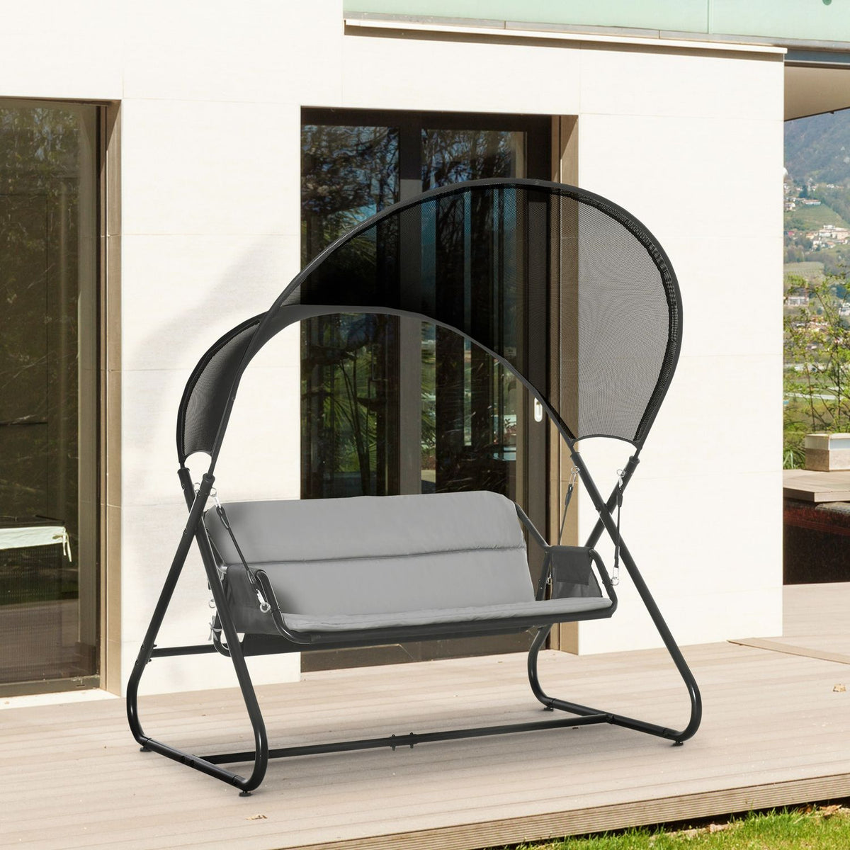 Garden Swing Sun Lounger 2 Person Swing Frame Outdoor Swing Bench With Seat Cushion Textline Black 166 X 140 X 187 Cm