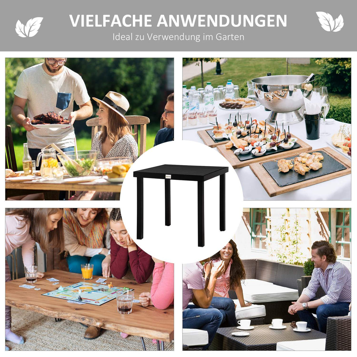 Garden Table 4 People Compact Dining Table Easy-Care Aluminum Table Garden Furniture Plastic Black 80X80X74Cm