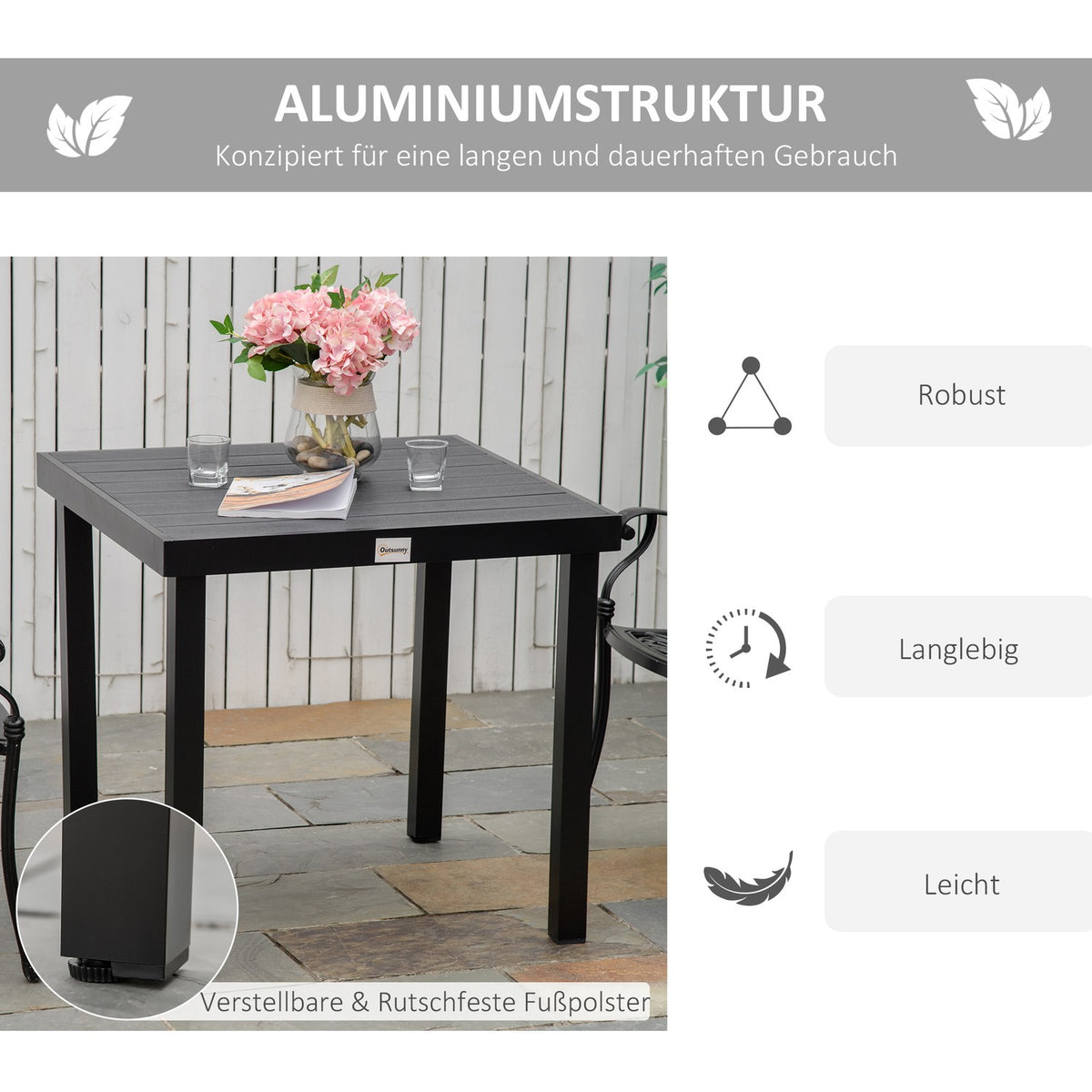Garden Table 4 People Compact Dining Table Easy-Care Aluminum Table Garden Furniture Plastic Black 80X80X74Cm