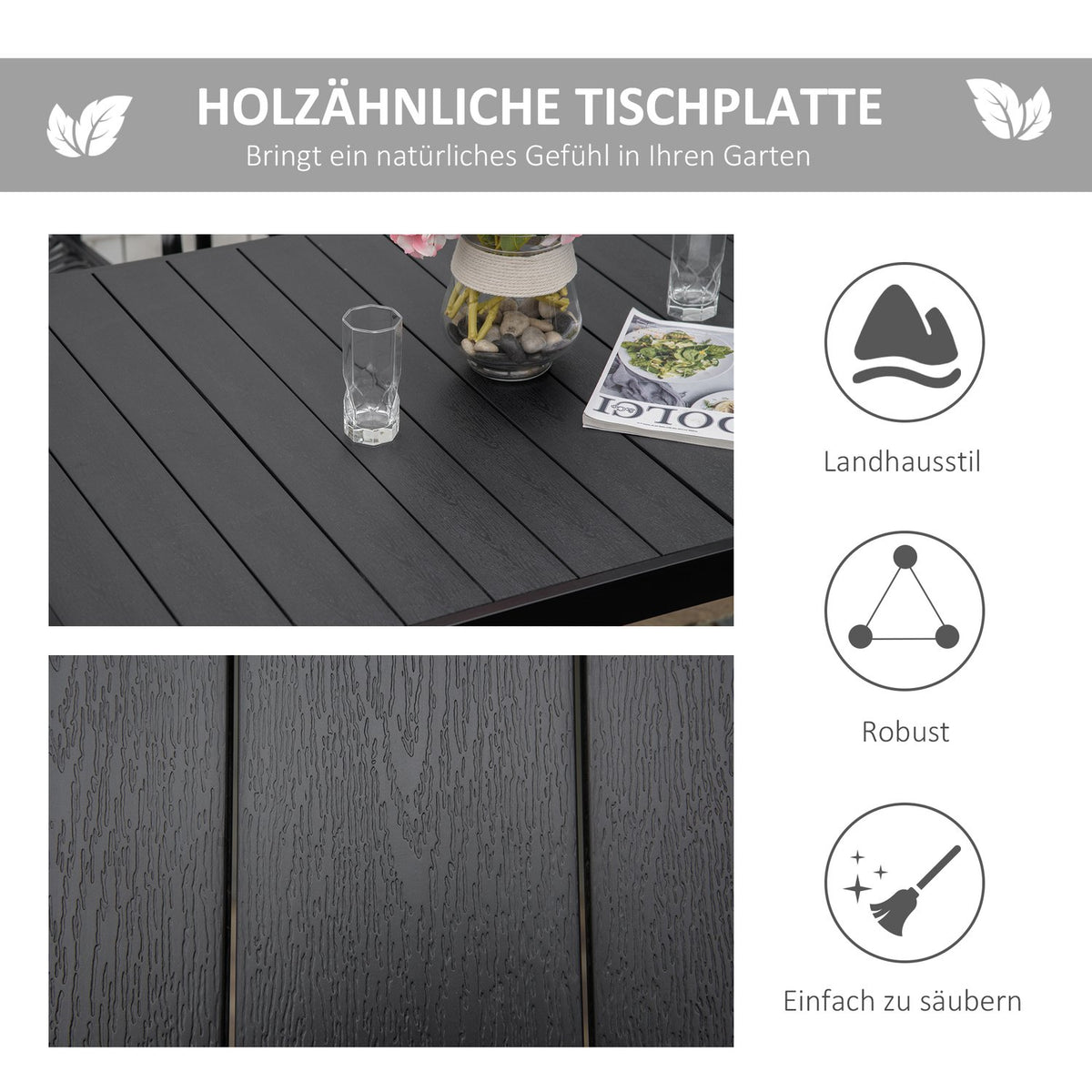 Garden Table 6 People Dining Table Easy-Care Aluminum Table Garden Furniture Plastic Black 140X90X74Cm