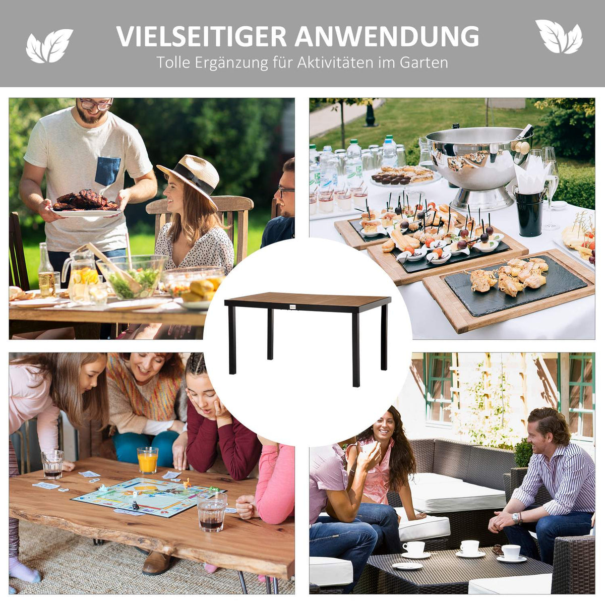 Garden Table 6 People Dining Table Easy-Care Aluminum Table Garden Furniture Plastic Natural + Black 140X90X74Cm
