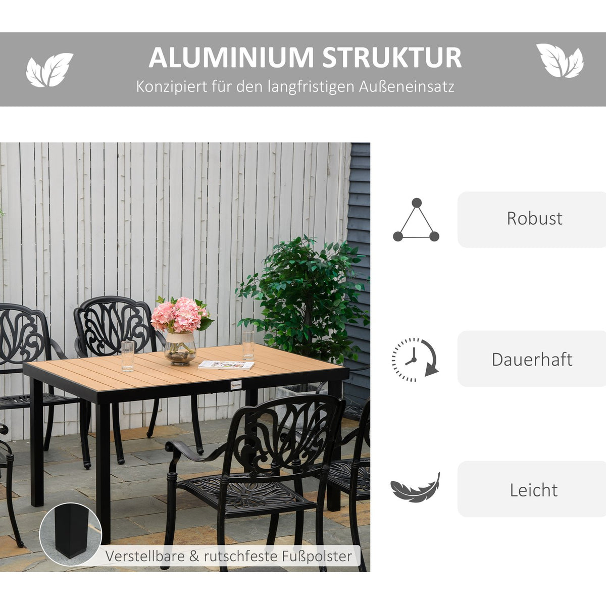 Garden Table 6 People Dining Table Easy-Care Aluminum Table Garden Furniture Plastic Natural + Black 140X90X74Cm