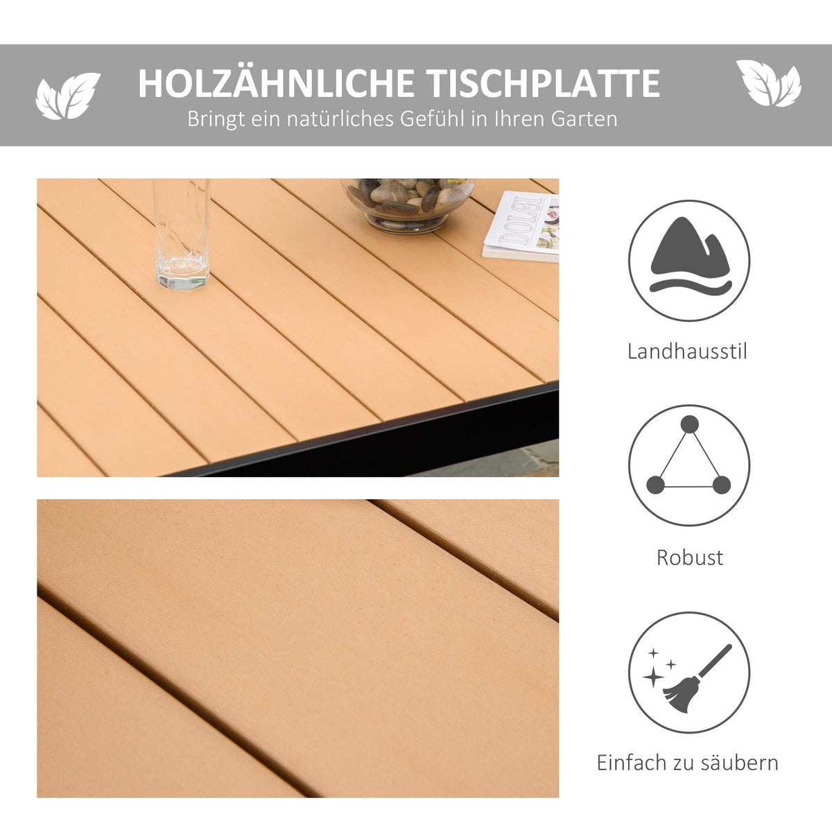 Garden Table 6 People Dining Table Easy-Care Aluminum Table Garden Furniture Plastic Natural + Black 140X90X74Cm