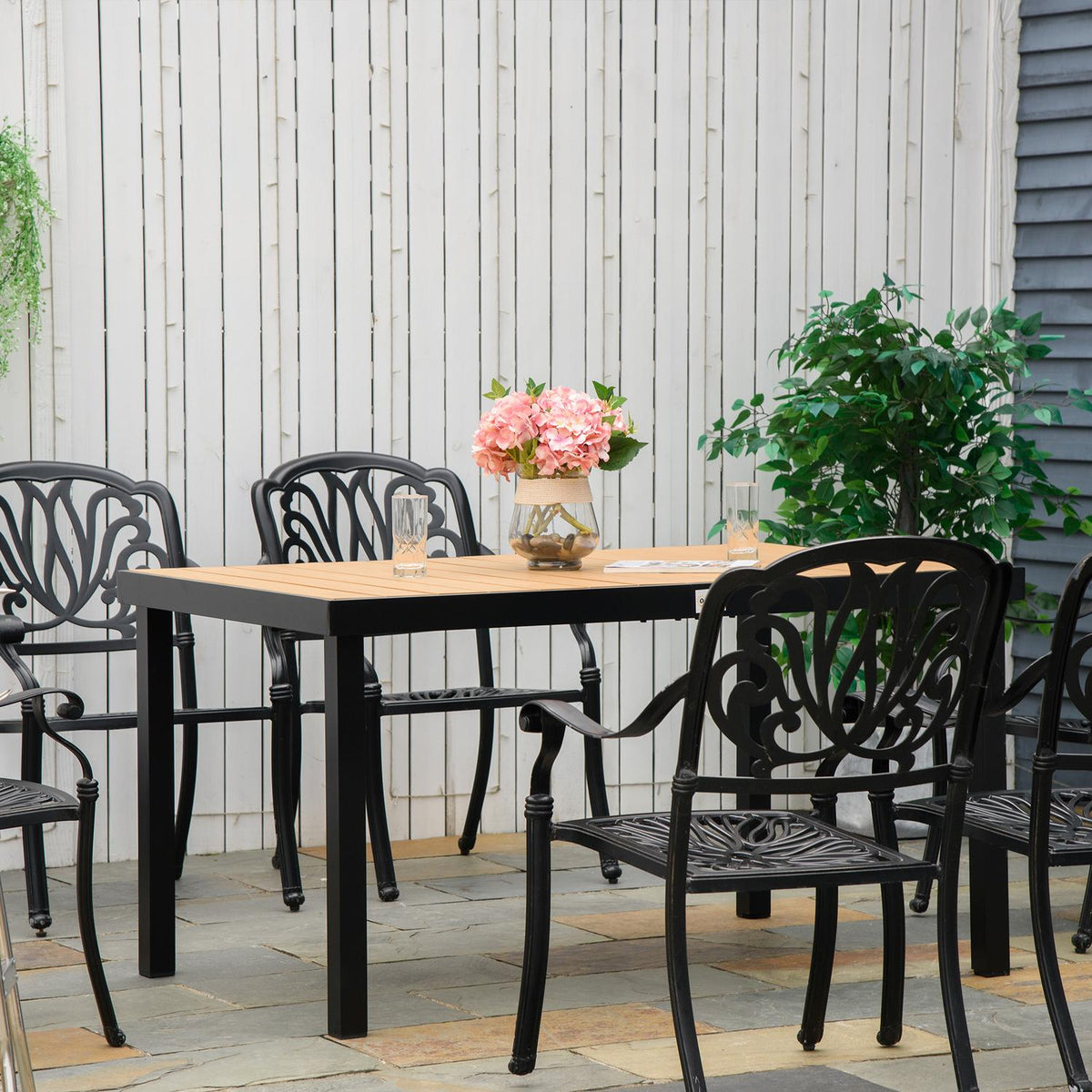 Garden Table 6 People Dining Table Easy-Care Aluminum Table Garden Furniture Plastic Natural + Black 140X90X74Cm