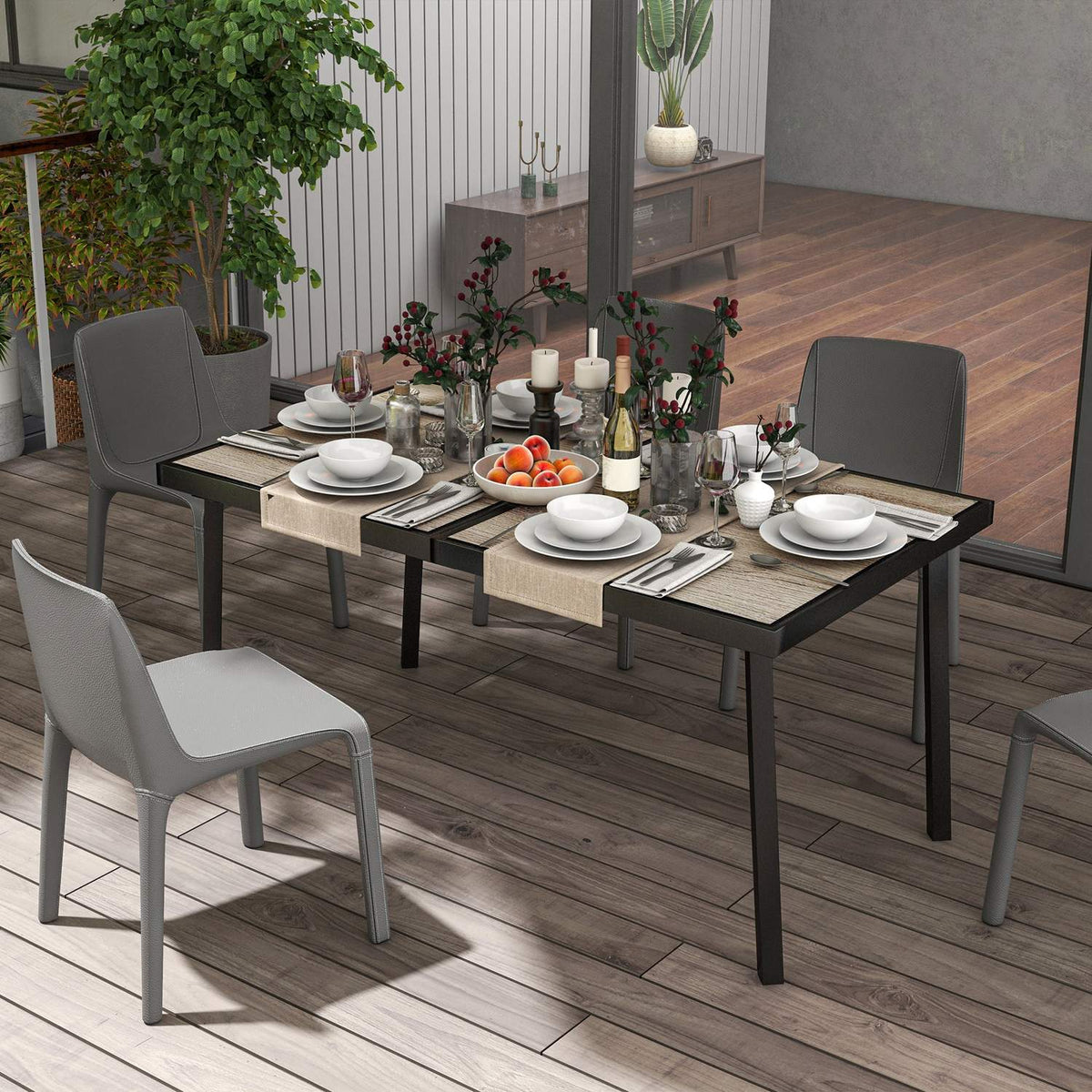 Garden Table, Balcony Table, 145 X 85 Cm Patio Table For 6 People With Wood Look, Dining Table For Garden, Steel Frame, Gray