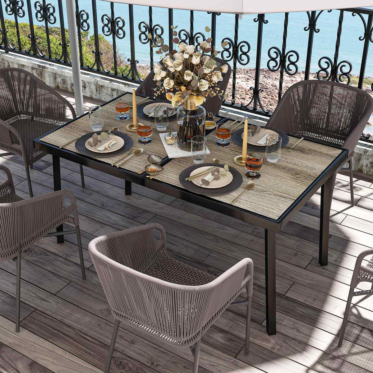 Garden Table, Balcony Table, 145 X 85 Cm Patio Table For 6 People With Wood Look, Dining Table For Garden, Steel Frame, Gray