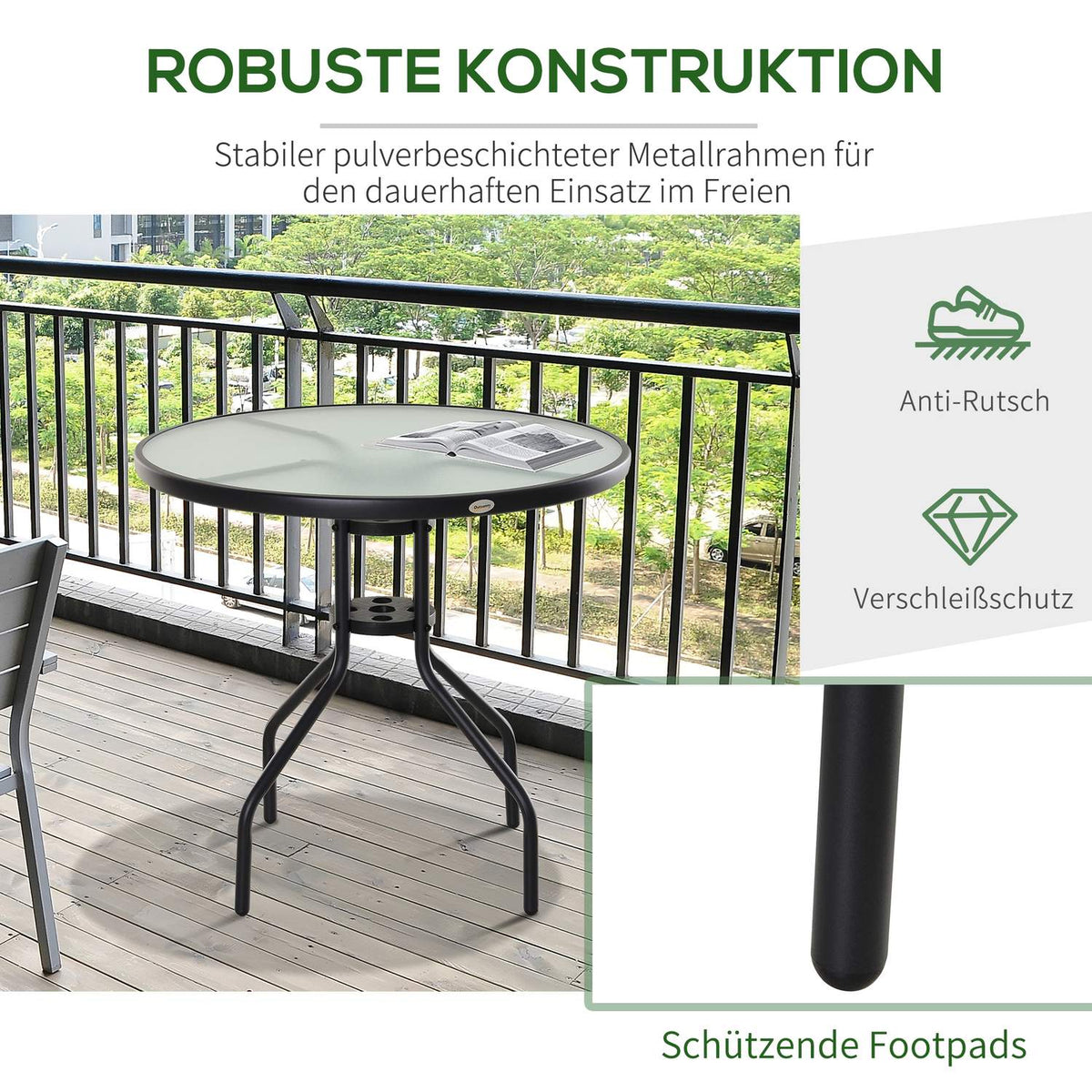 Garden Table, Balcony Table, Bistro Table With Umbrella Hole, Tempered Glass + Metal, Black, Diameter 80 X 72 Cm
