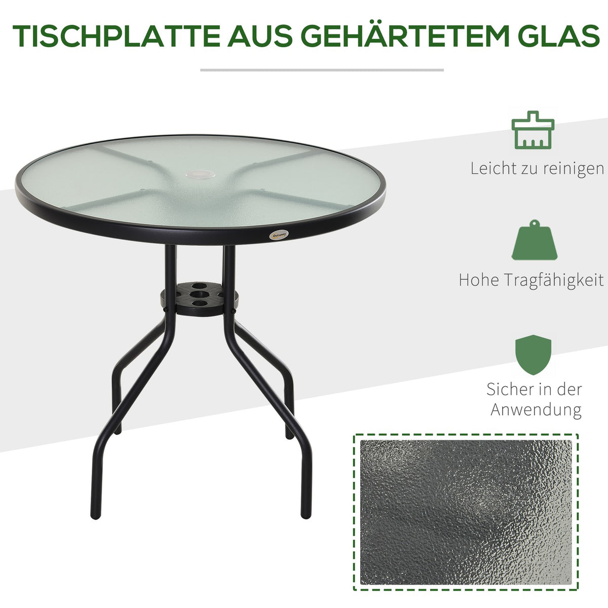 Garden Table, Balcony Table, Bistro Table With Umbrella Hole, Tempered Glass + Metal, Black, Diameter 80 X 72 Cm