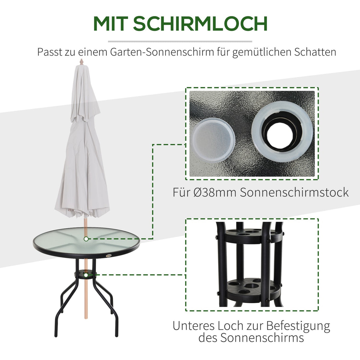 Garden Table, Balcony Table, Bistro Table With Umbrella Hole, Tempered Glass + Metal, Black, Diameter 80 X 72 Cm