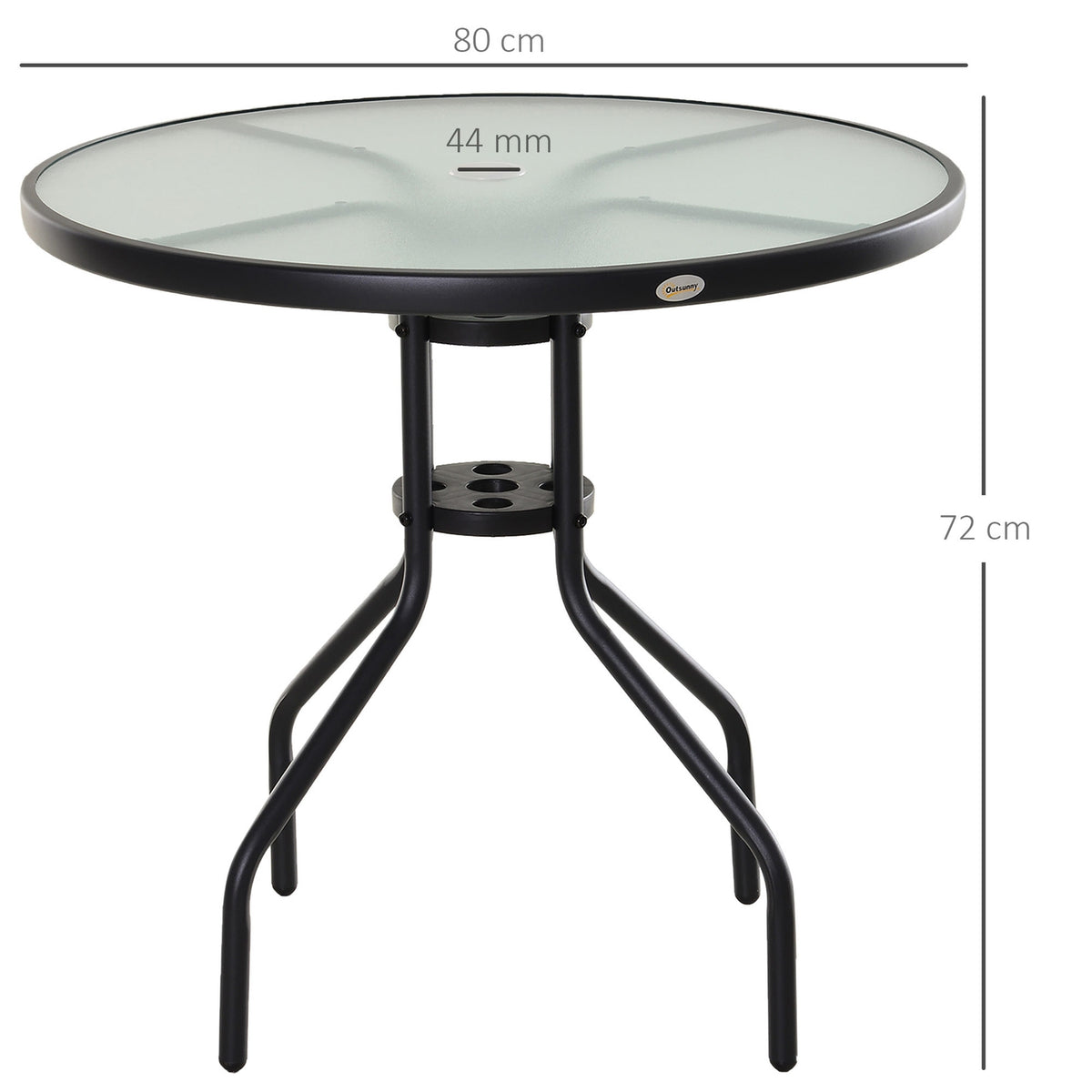 Garden Table, Balcony Table, Bistro Table With Umbrella Hole, Tempered Glass + Metal, Black, Diameter 80 X 72 Cm