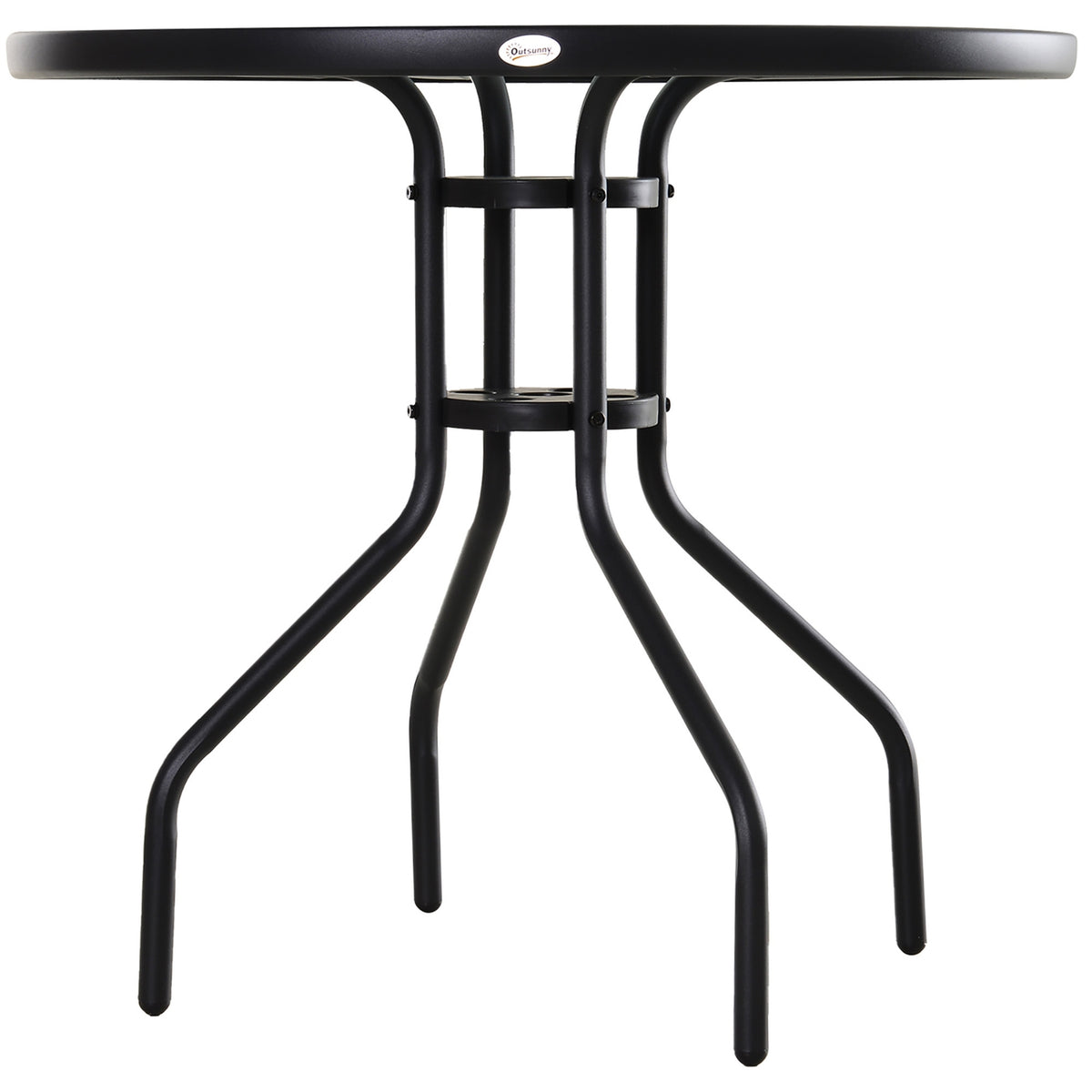 Garden Table, Balcony Table, Bistro Table With Umbrella Hole, Tempered Glass + Metal, Black, Diameter 80 X 72 Cm