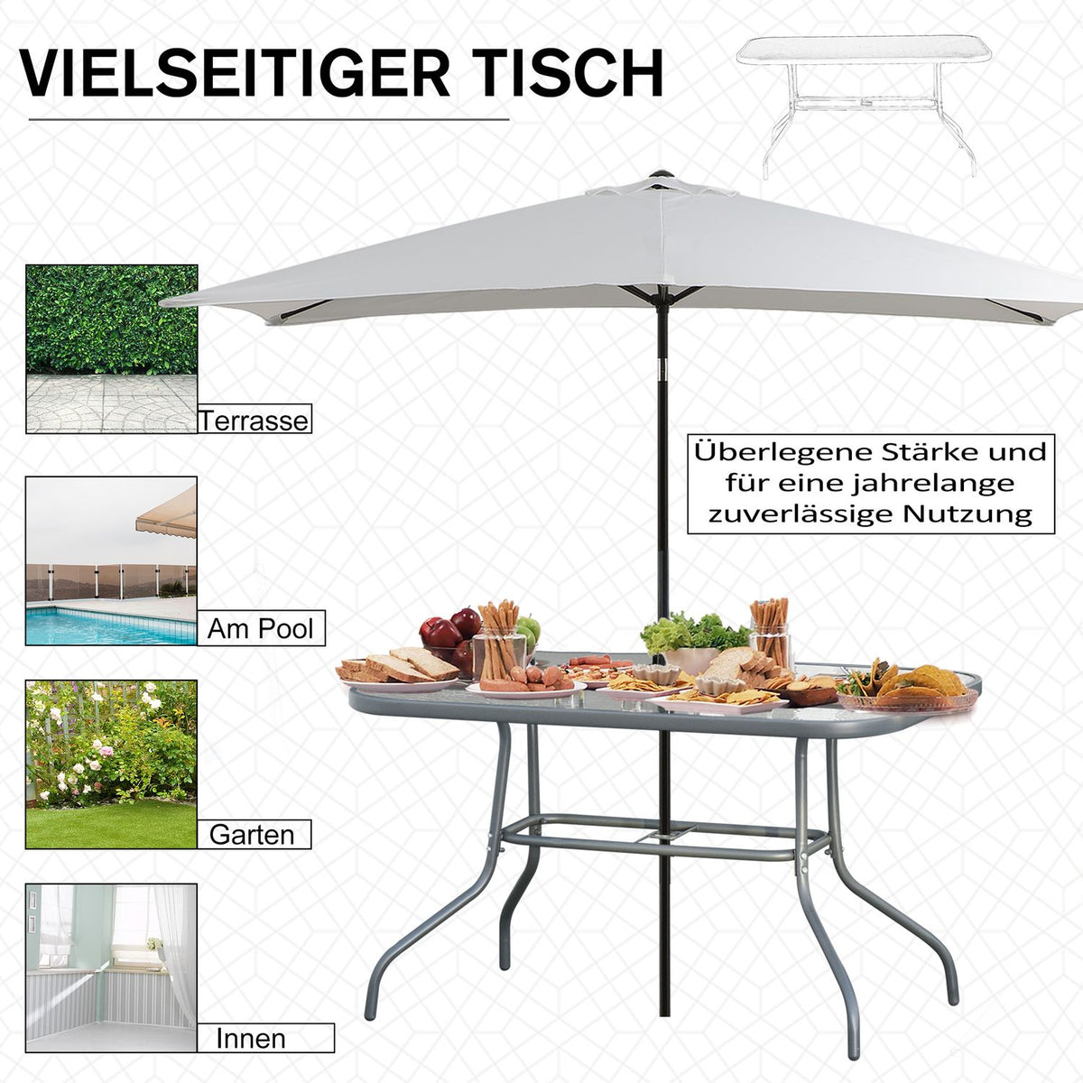 Garden Table Bistro Table Balcony Table Garden Side Table Garden Furniture With Glass Top Umbrella Hole Tempered Glass + Metal Carbon Gray 120 X 80 X 70Cm