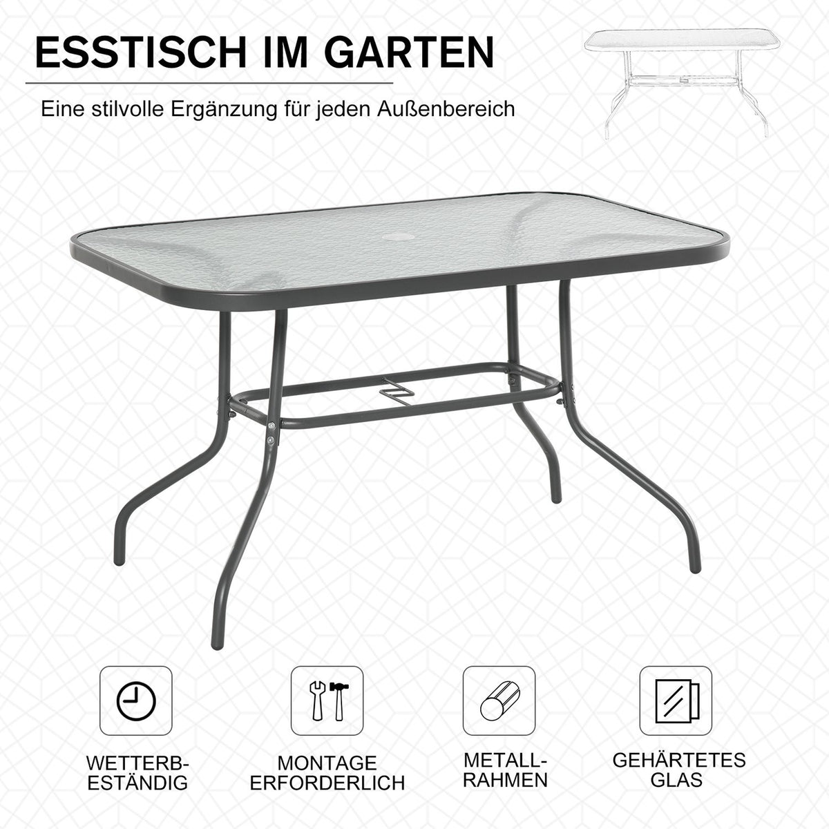 Garden Table Bistro Table Balcony Table Garden Side Table Garden Furniture With Glass Top Umbrella Hole Tempered Glass + Metal Carbon Gray 120 X 80 X 70Cm