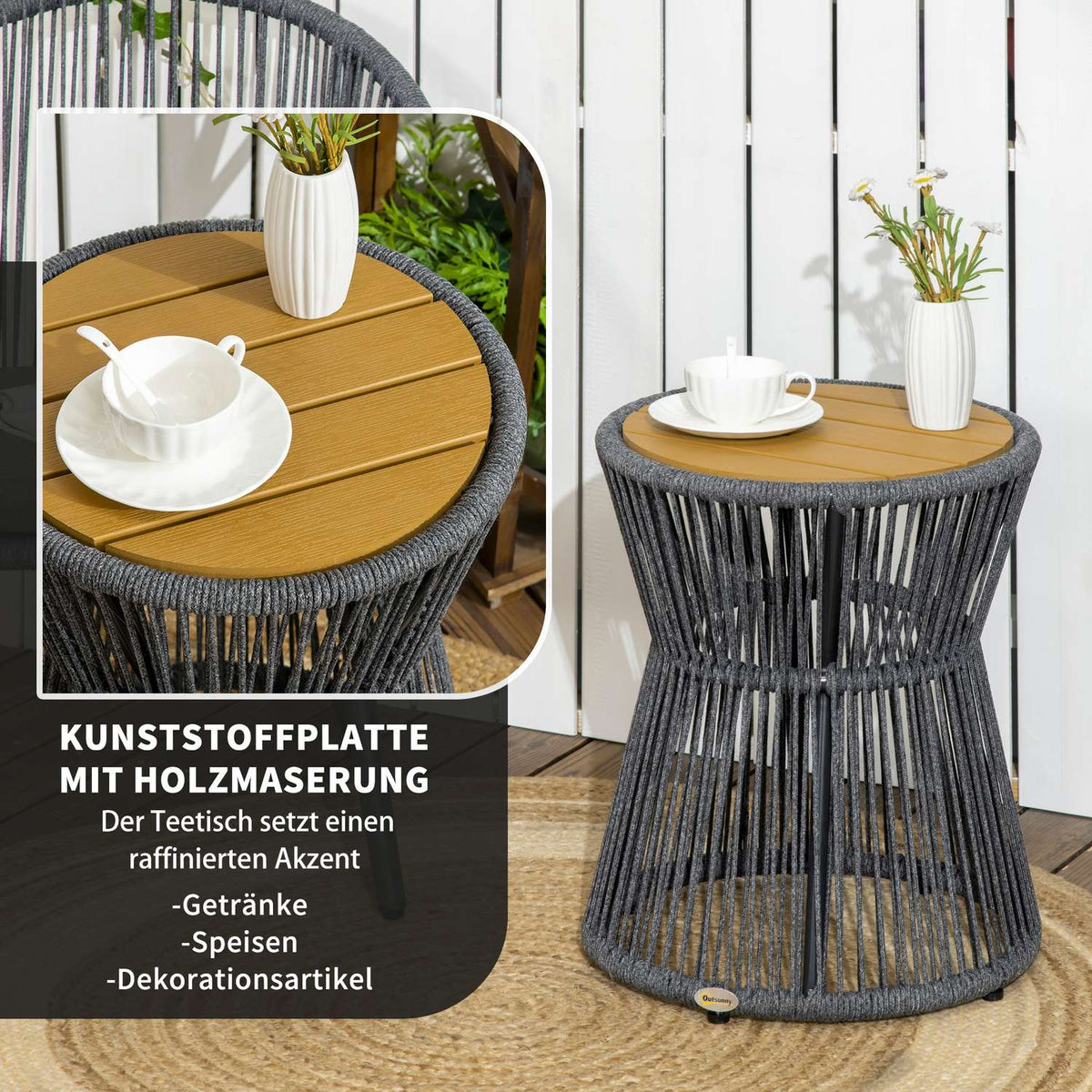 Garden Table, Bistro Table, Coffee Table With Plastic Table Top With Adjustable Feet, For Patio, Dark Gray + Natural