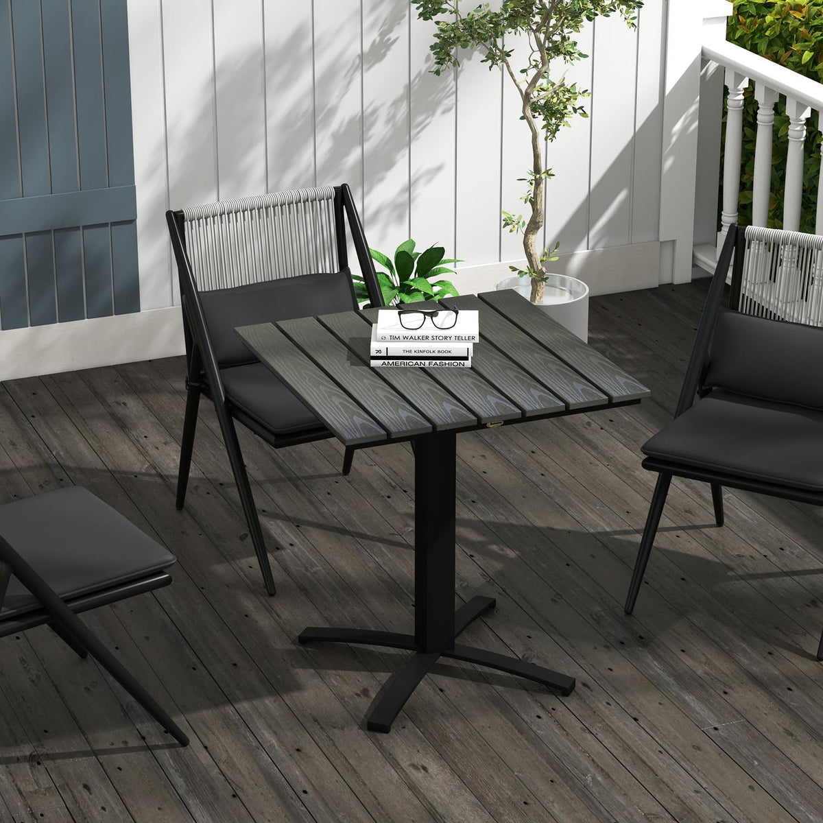 Garden Table, Dining Table For 4 People, Square Balcony Table With Wood Look For Terrace, Aluminum, Gray, 70 X 70 X 76 Cm