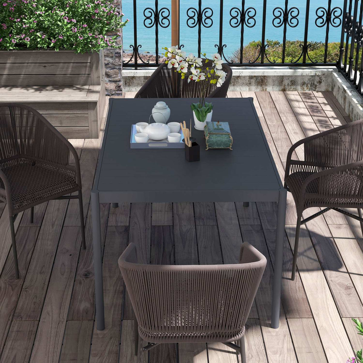 Garden Table, Dining Table For 6 People, Patio Table, Balcony Table Made Of Aluminum, Dark Gray, 145 X 90 X 74 Cm
