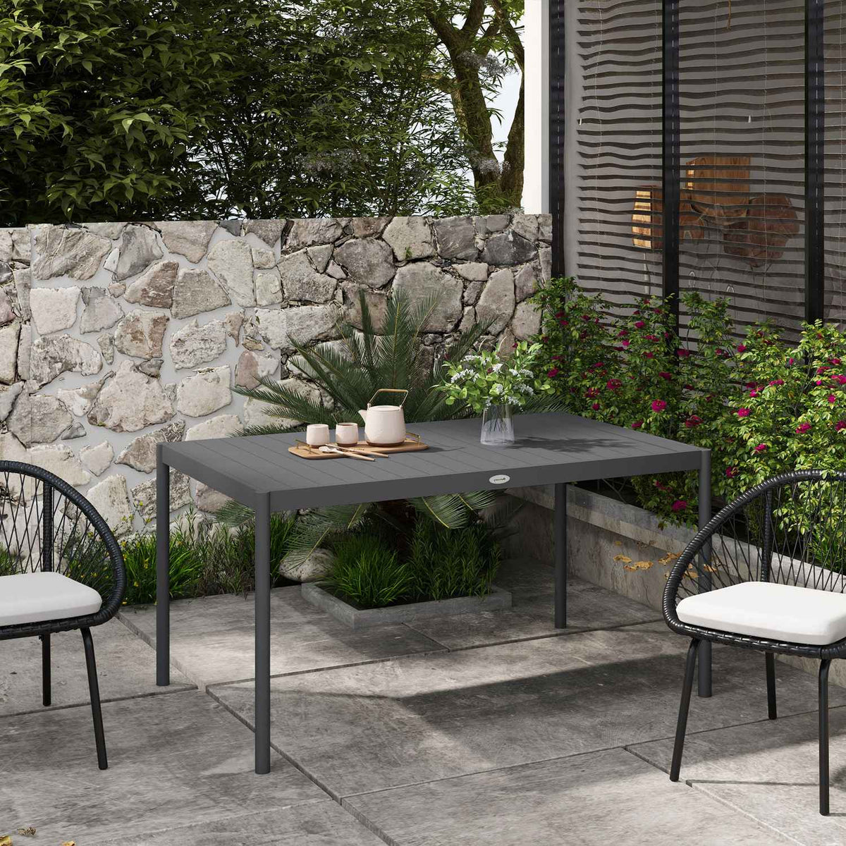 Garden Table, Dining Table For 6 People, Patio Table, Balcony Table Made Of Aluminum, Dark Gray, 145 X 90 X 74 Cm
