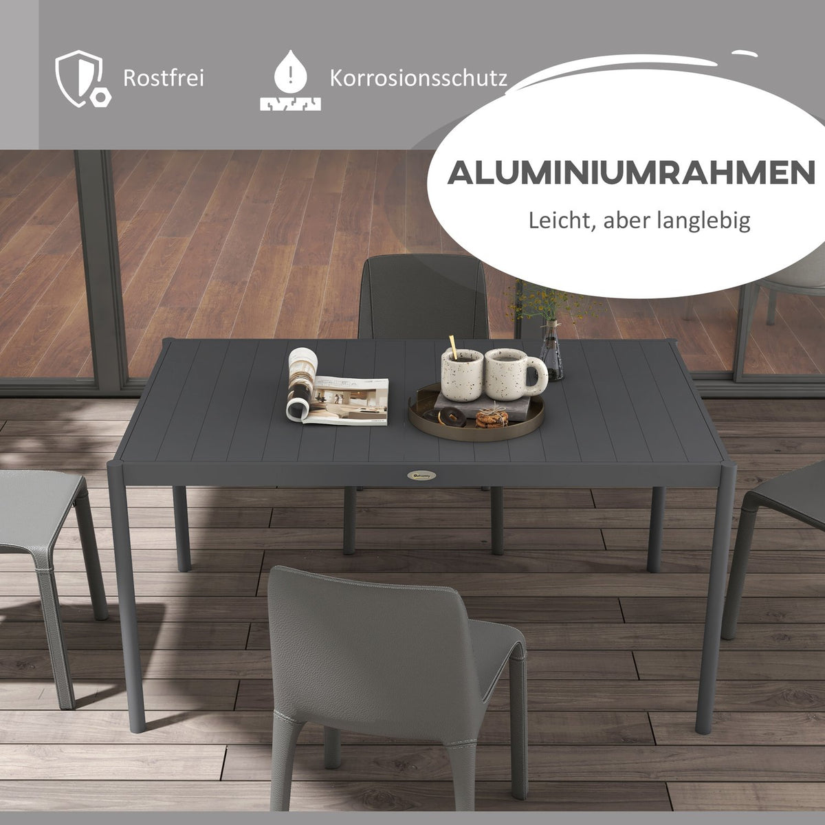 Garden Table, Dining Table For 6 People, Patio Table, Balcony Table Made Of Aluminum, Dark Gray, 145 X 90 X 74 Cm