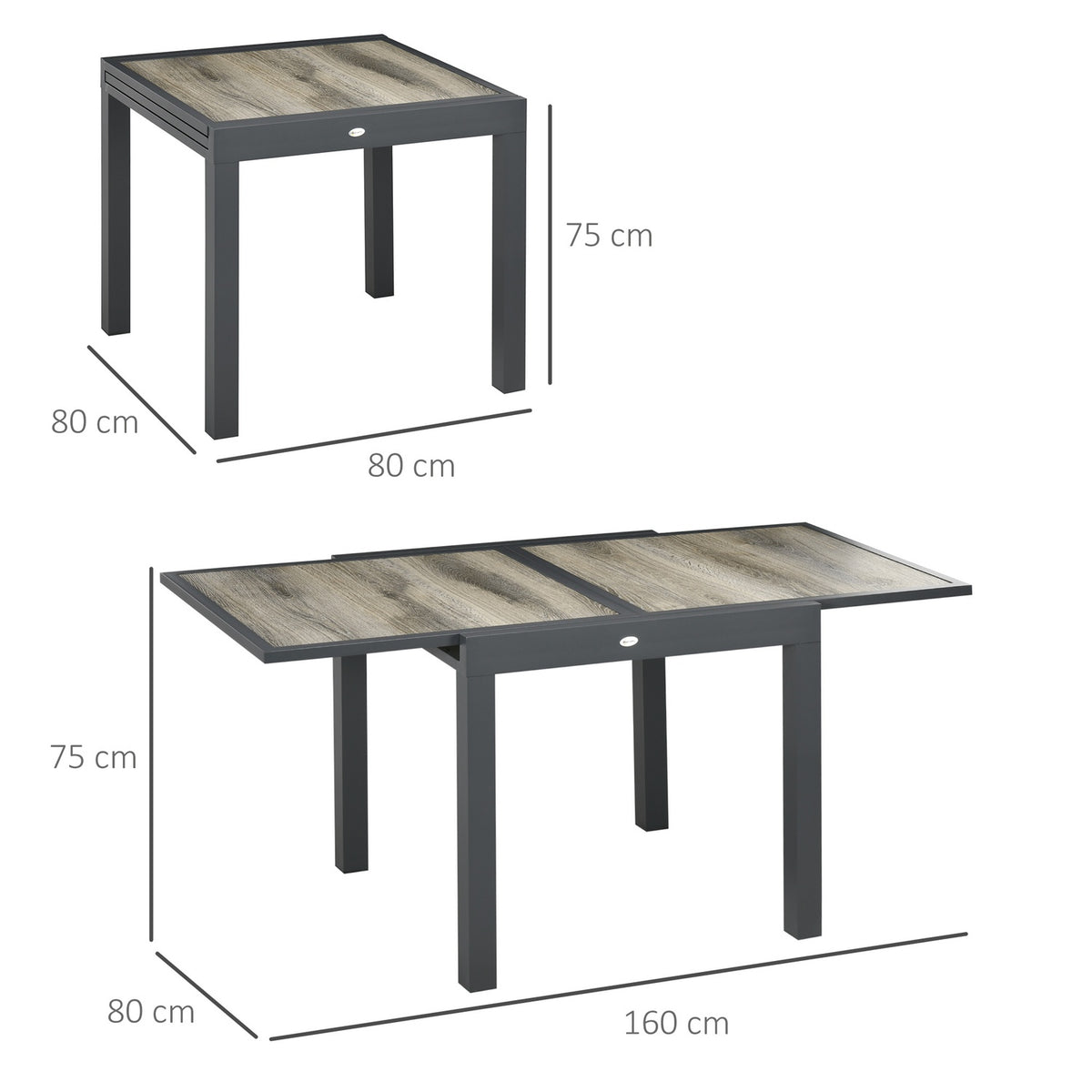 Garden Table, Dining Table For Garden With Extendable Table Top, Patio Table With Wood Look, Balcony Table Made Of Aluminum, Beige + Gray, 160 X 80 X 75Cm