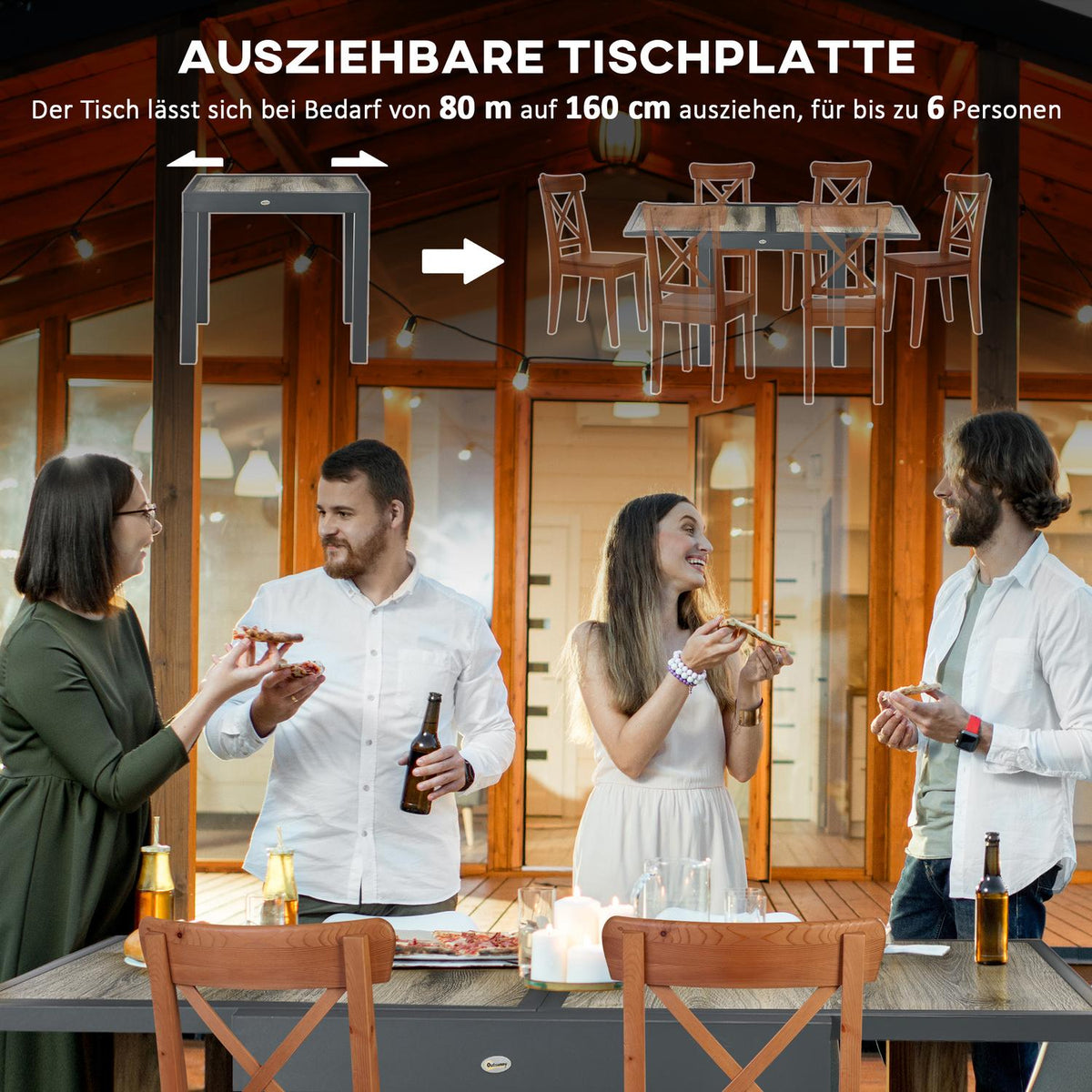 Garden Table, Dining Table For Garden With Extendable Table Top, Patio Table With Wood Look, Balcony Table Made Of Aluminum, Beige + Gray, 160 X 80 X 75Cm