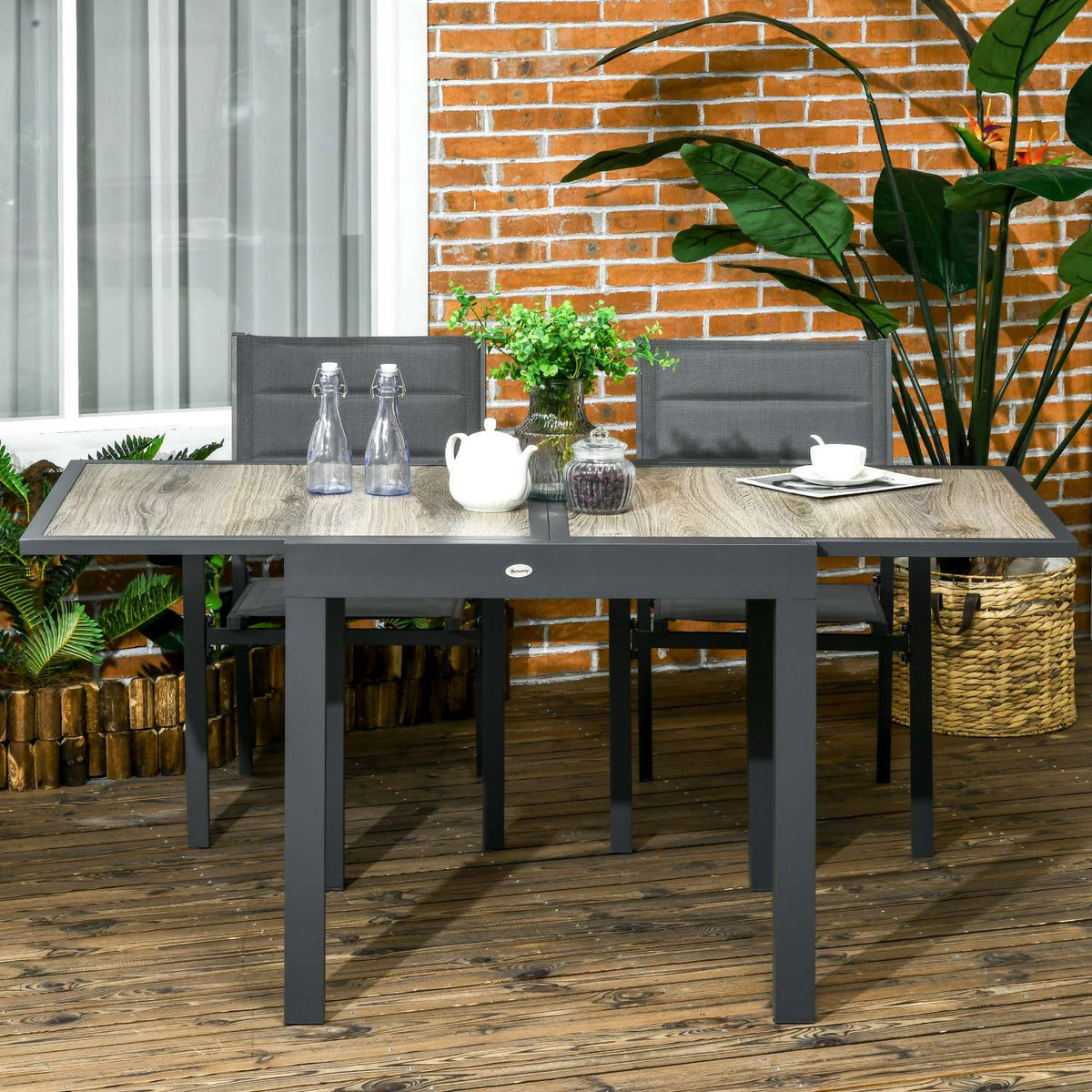 Garden Table, Dining Table For Garden With Extendable Table Top, Patio Table With Wood Look, Balcony Table Made Of Aluminum, Beige + Gray, 160 X 80 X 75Cm