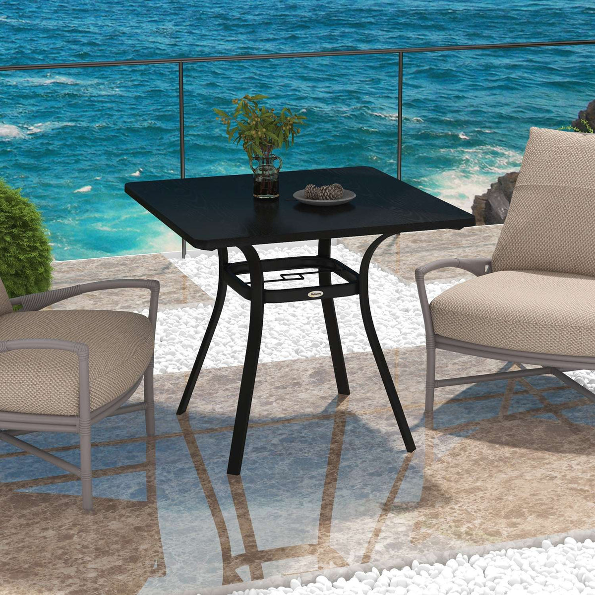 Garden Table Dining Table Umbrella Hole Square Balcony Table 4 People Foot Pads Up To 70Kg Patio Steel Black 80X80X76Cm