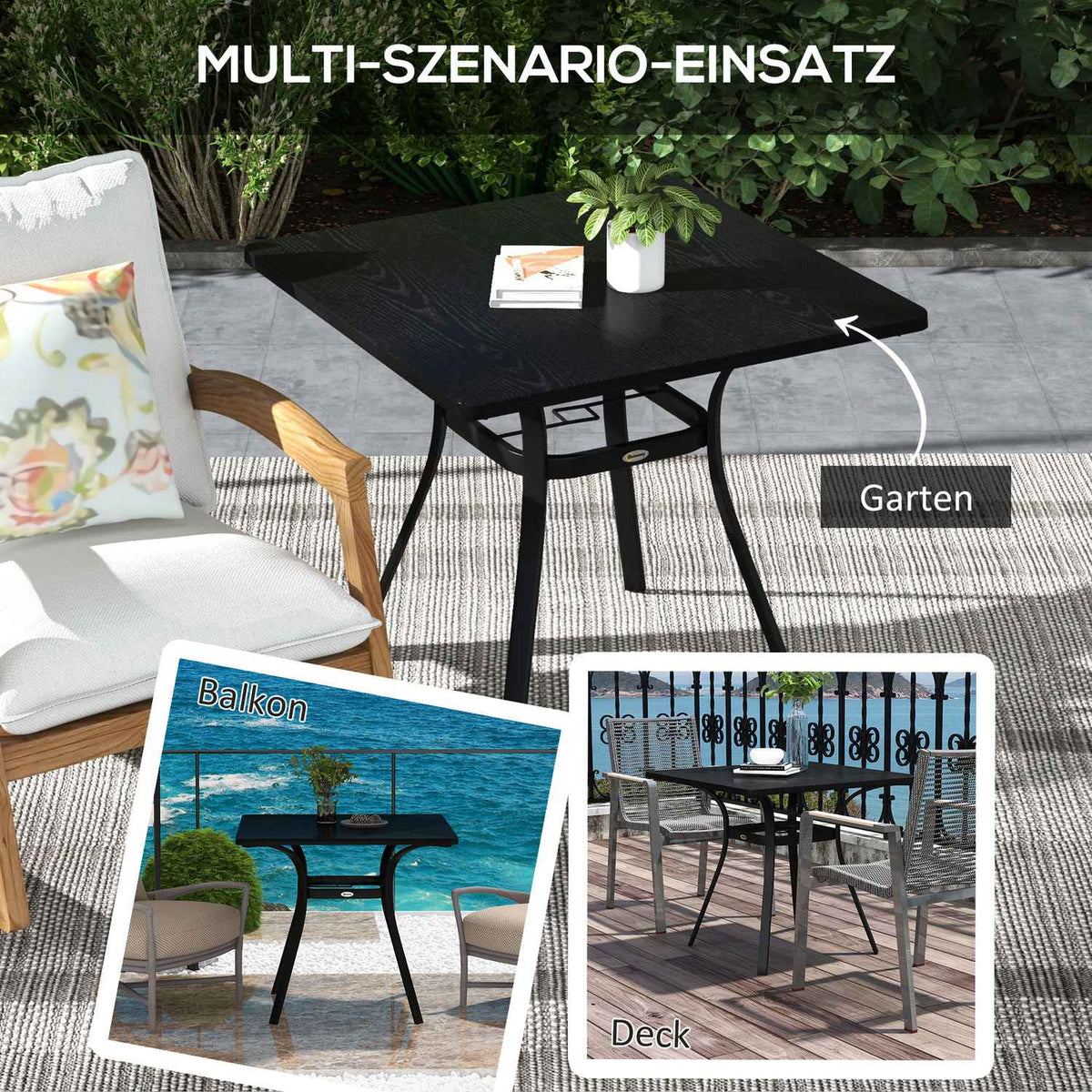 Garden Table Dining Table Umbrella Hole Square Balcony Table 4 People Foot Pads Up To 70Kg Patio Steel Black 80X80X76Cm