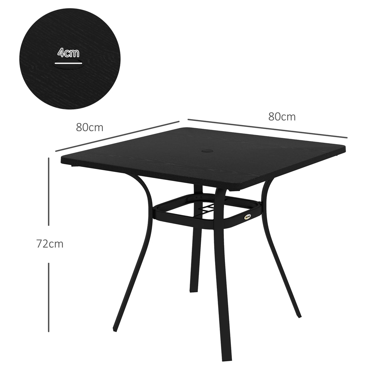 Garden Table Dining Table Umbrella Hole Square Balcony Table 4 People Foot Pads Up To 70Kg Patio Steel Black 80X80X76Cm