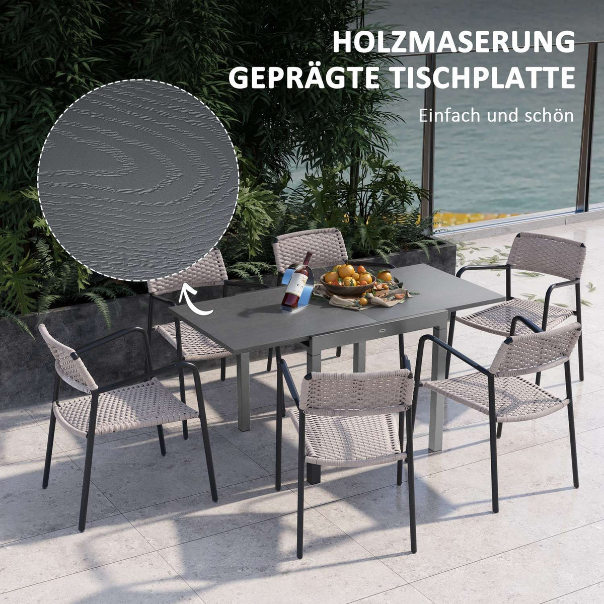 Garden Table, Extendable Balcony Table For 6 People, 80/160 X 80 Cm Dining Table With Wood Look, Patio Table For Garden, Steel, Dark Gray