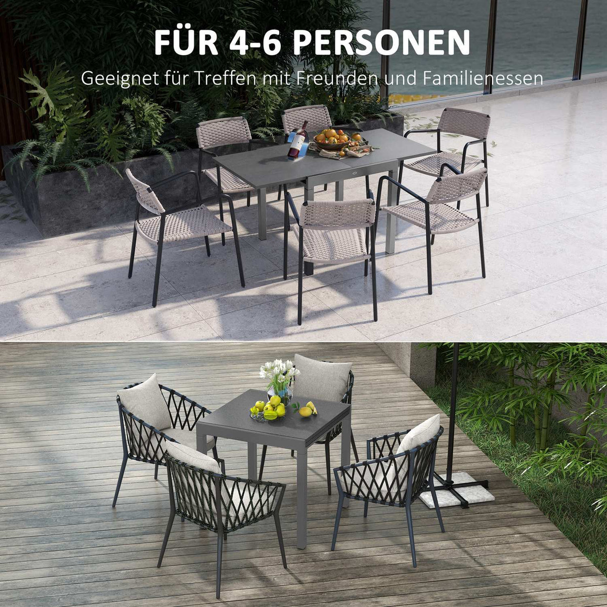 Garden Table, Extendable Balcony Table For 6 People, 80/160 X 80 Cm Dining Table With Wood Look, Patio Table For Garden, Steel, Dark Gray