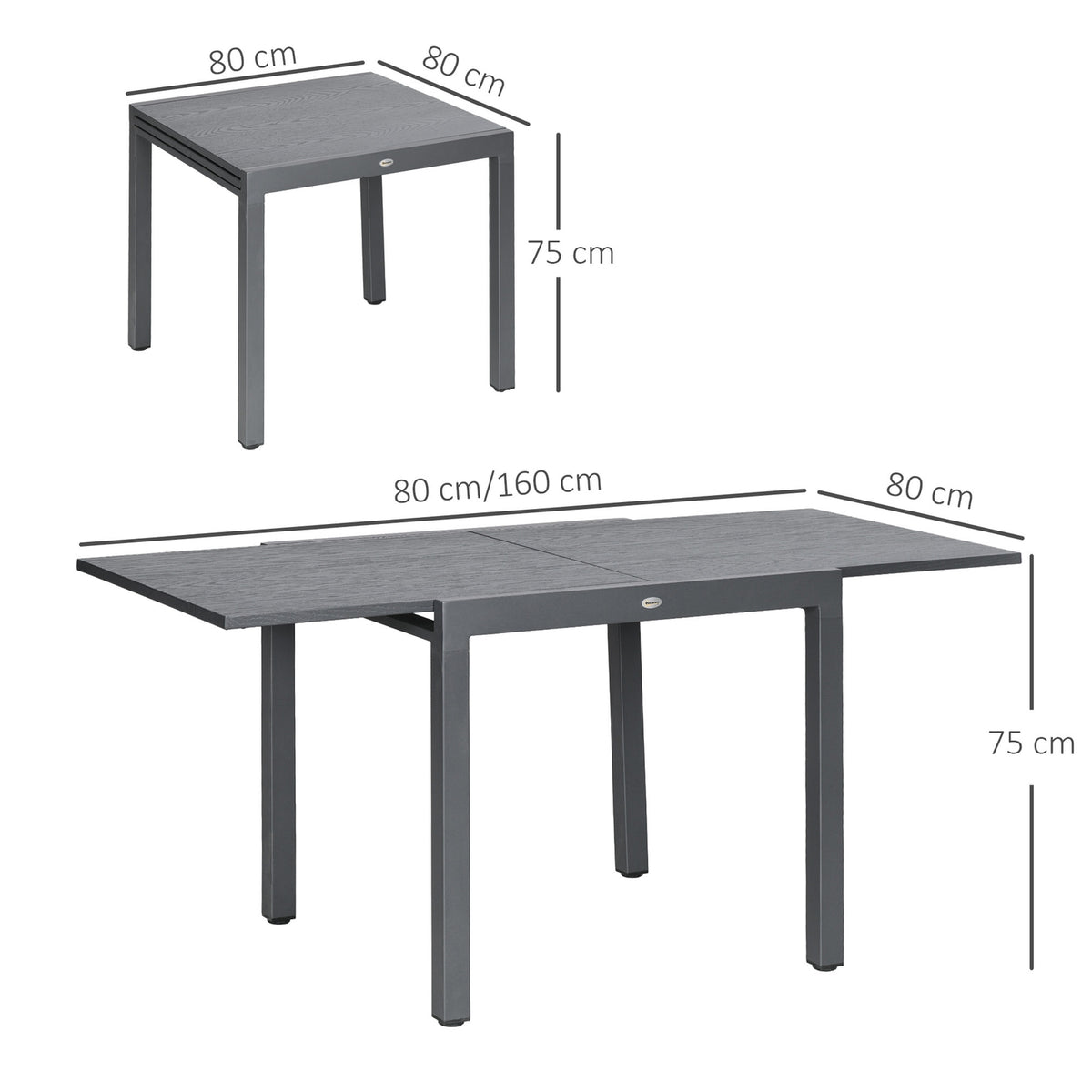 Garden Table, Extendable Balcony Table For 6 People, 80/160 X 80 Cm Dining Table With Wood Look, Patio Table For Garden, Steel, Dark Gray