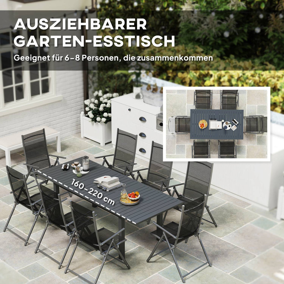 Garden Table Extended Aluminum 160/220x90 cm Weatherproof Balcony Table, Non-Slip Buffet Table Camping Table for 6-8 People, Outdoor Dining Table for Garden, Patio Balcony Gray