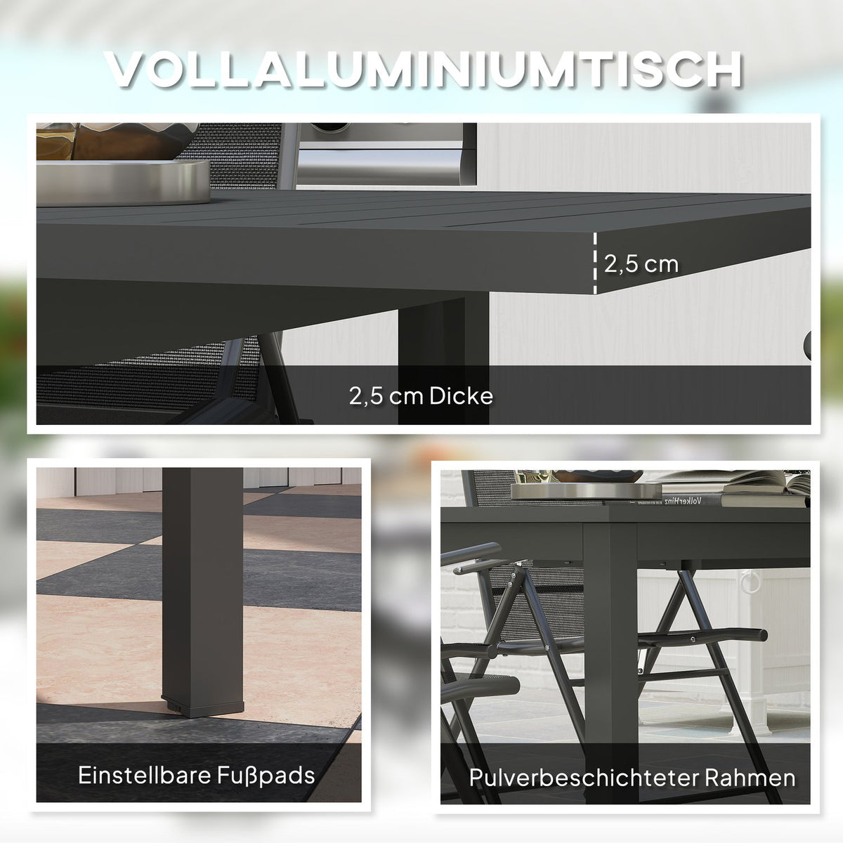 Garden Table Extended Aluminum 160/220x90 cm Weatherproof Balcony Table, Non-Slip Buffet Table Camping Table for 6-8 People, Outdoor Dining Table for Garden, Patio Balcony Gray