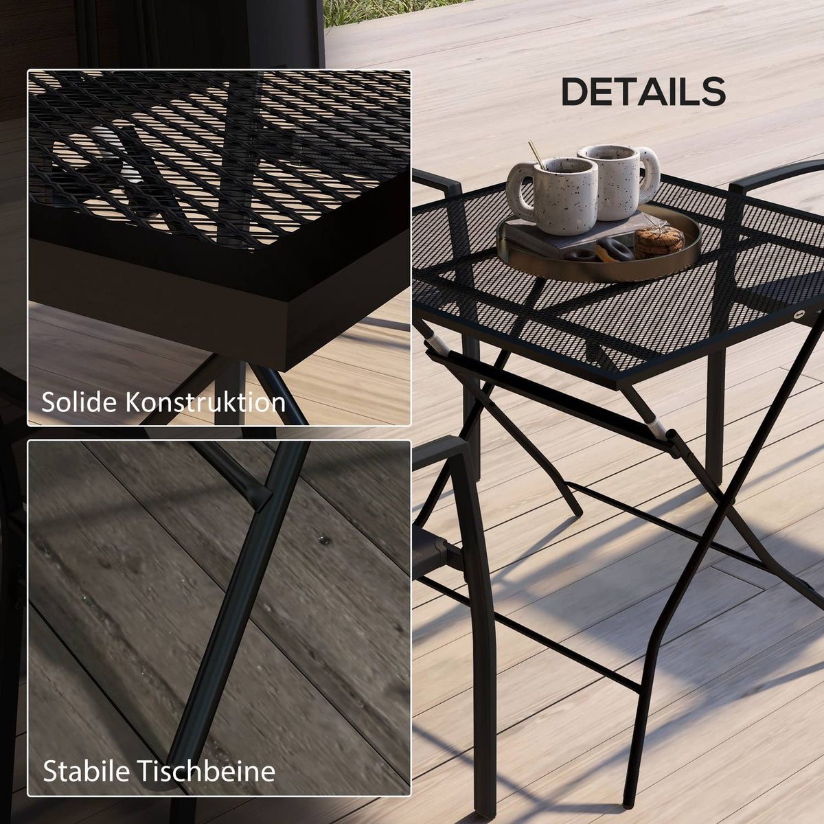 Garden Table, Folding Balcony Table, Square Side Table With A Load Capacity Of Up To 70 Kg For Terrace, Steel, Black, 80 X 80 X 74 Cm