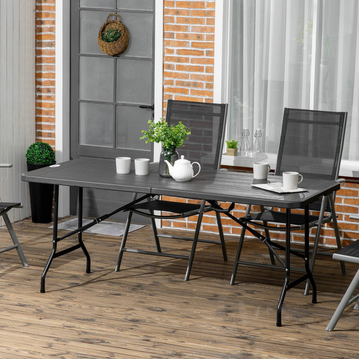 Garden Table Folding Table For 6 People, Buffet Table With Steel Frame, Patio Table In Wood Look, 180 X 75.5 X 73 Cm, Dark Gray