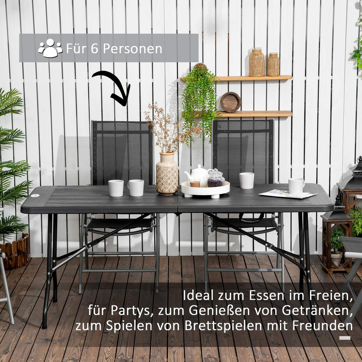 Garden Table Folding Table For 6 People, Buffet Table With Steel Frame, Patio Table In Wood Look, 180 X 75.5 X 73 Cm, Dark Gray