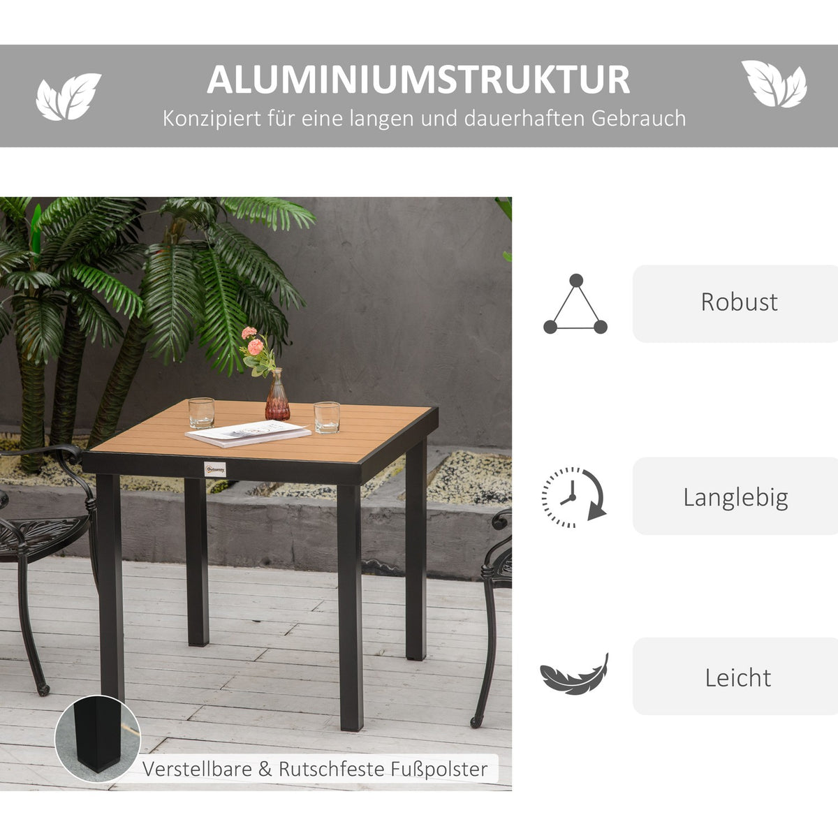 Garden Table For 4 People, Dining Table, Aluminum Table, Garden Furniture, Lounge Furniture, Easy-Care Plastic, Natural + Black, 80 X 80 X 74 Cm