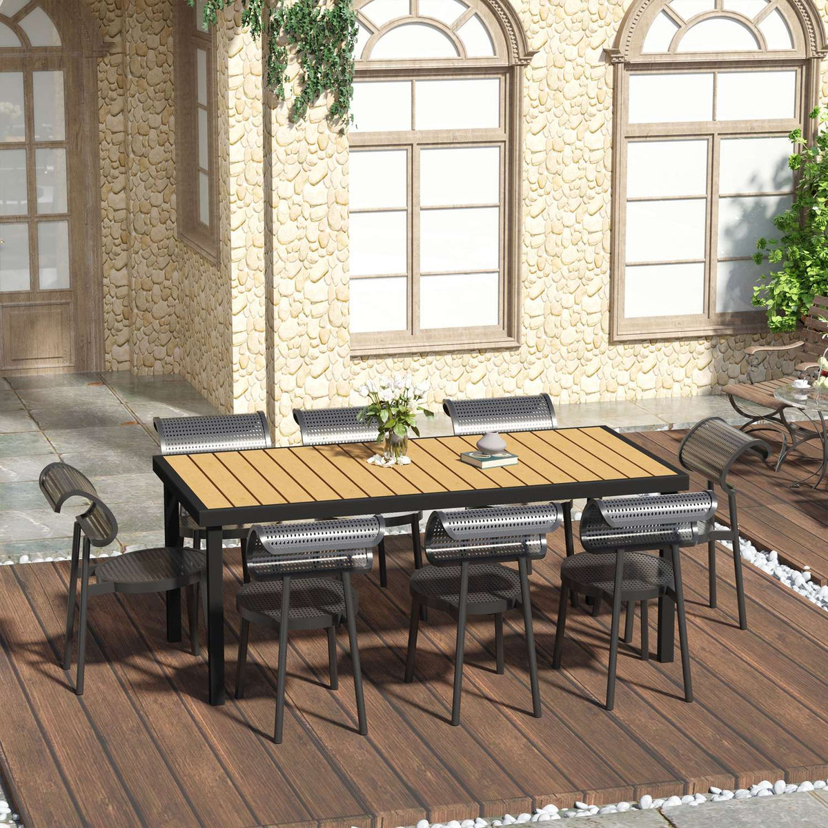 Garden Table For 8 People, Dining Table, Aluminum Table, Garden Furniture, Lounge Furniture, Easy-Care Plastic, Natural + Black, 190 X 90 X 74 Cm