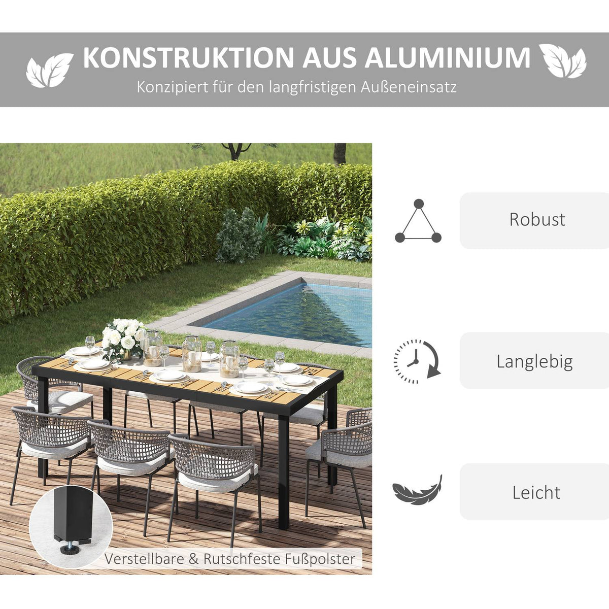 Garden Table For 8 People, Dining Table, Aluminum Table, Garden Furniture, Lounge Furniture, Easy-Care Plastic, Natural + Black, 190 X 90 X 74 Cm