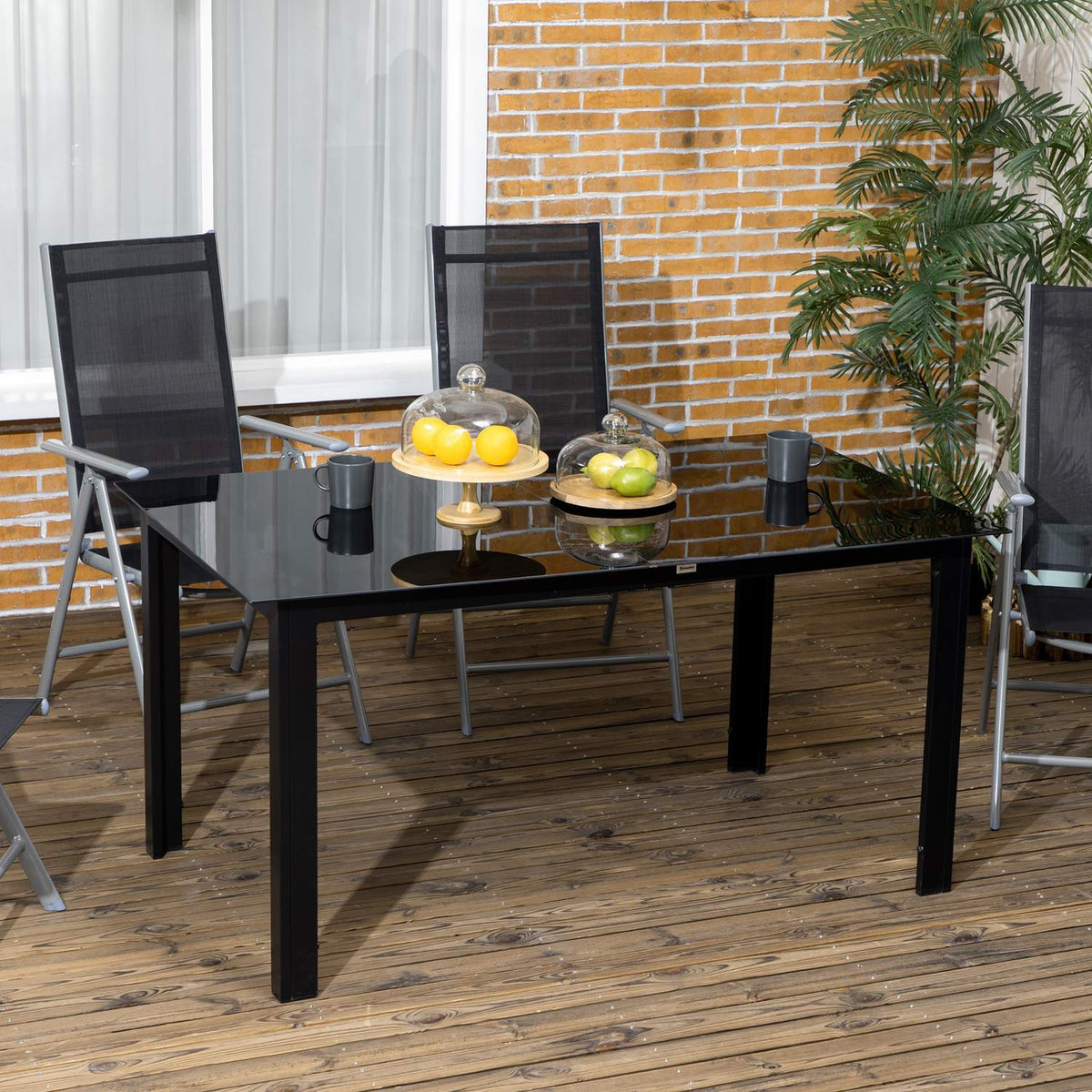 Garden Table, Garden Dining Table For 6 People, Patio Table With Glass Table Top, Party Table Made Of Aluminum, Balcony Table, Black, 150 X 90 X 74 Cm
