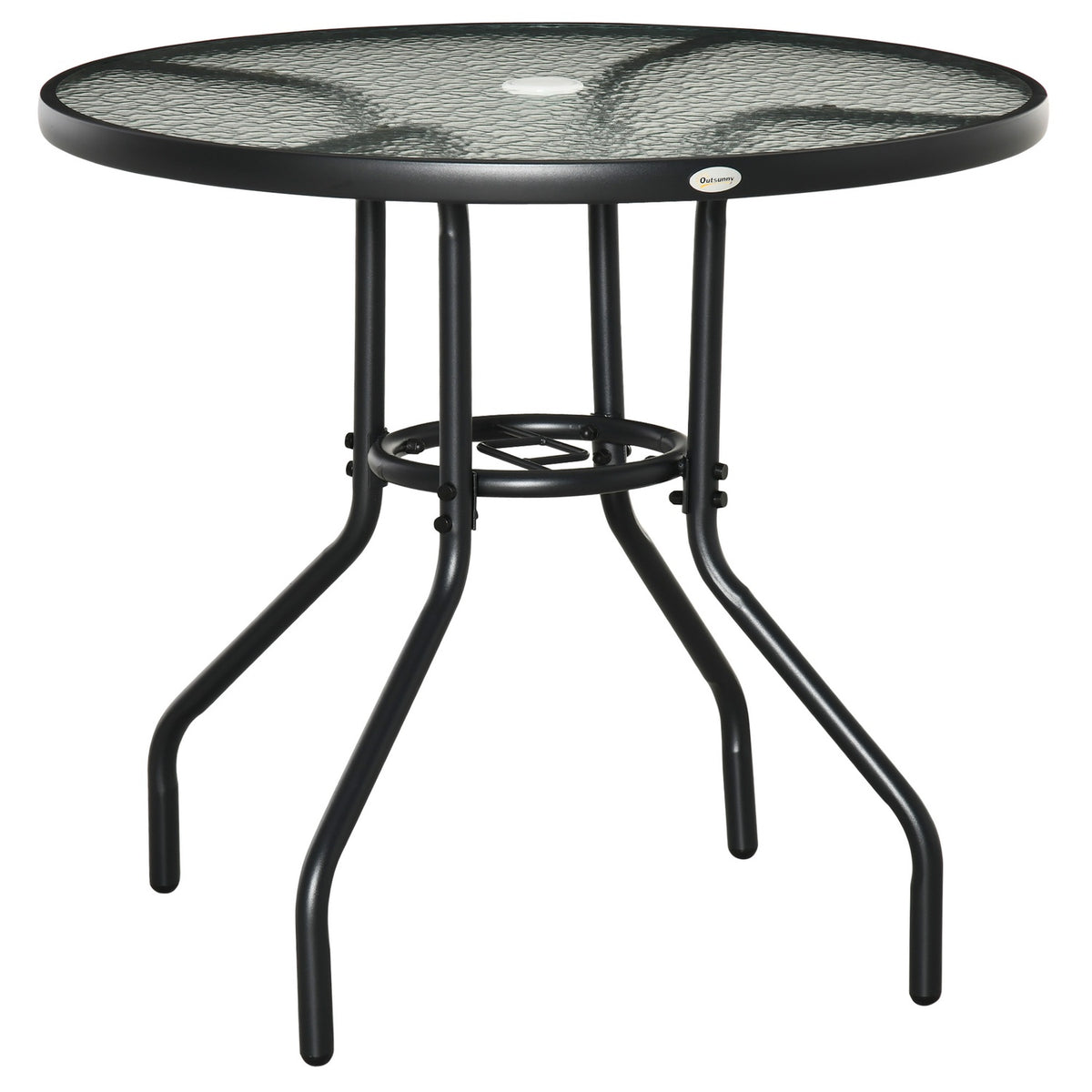 Garden Table Garden Side Table Garden Furniture Balcony Table Bistro Table With Umbrella Hole Tempered Glass + Metal Black Ø80 X 72 Cm
