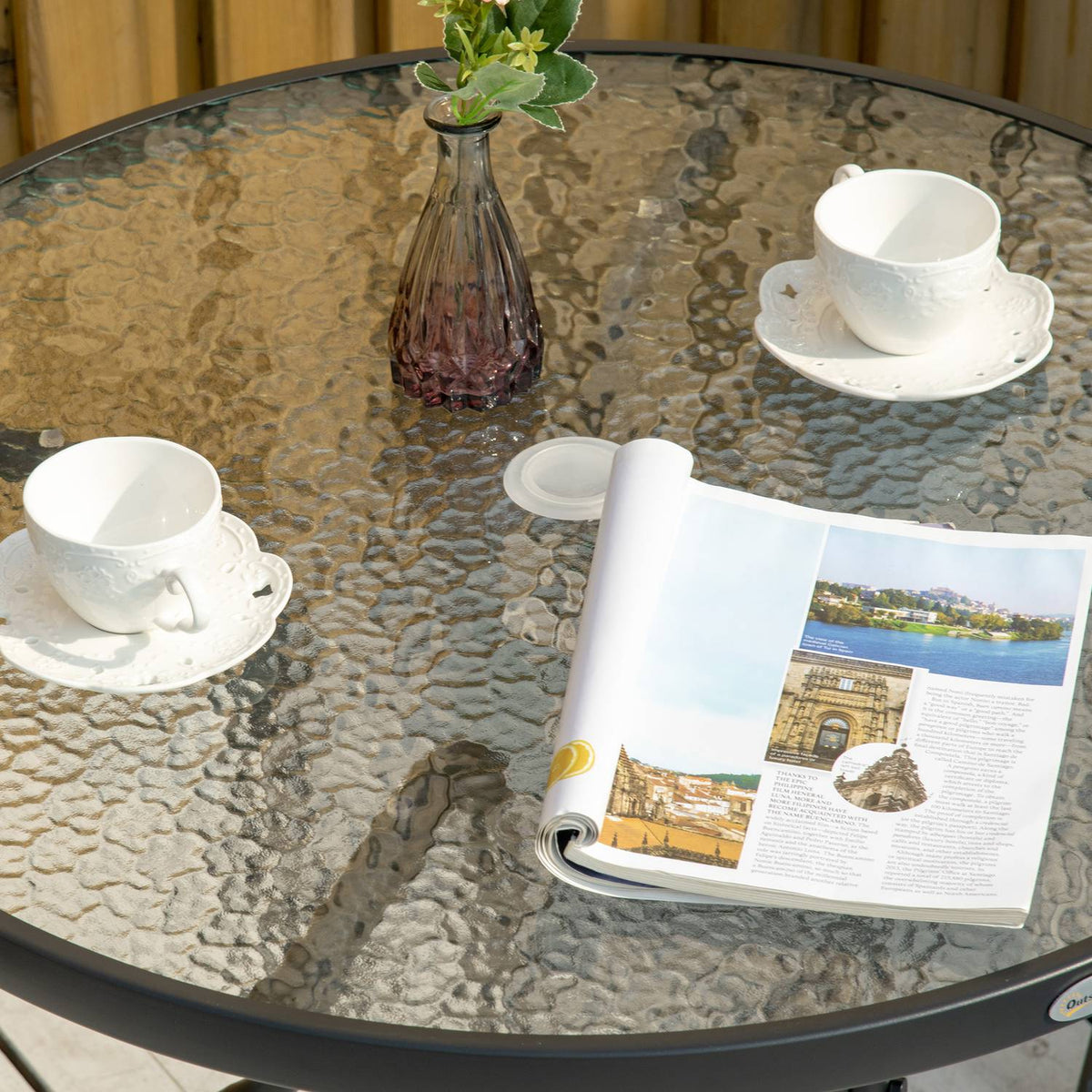Garden Table Garden Side Table Garden Furniture Balcony Table Bistro Table With Umbrella Hole Tempered Glass + Metal Black Ø80 X 72 Cm