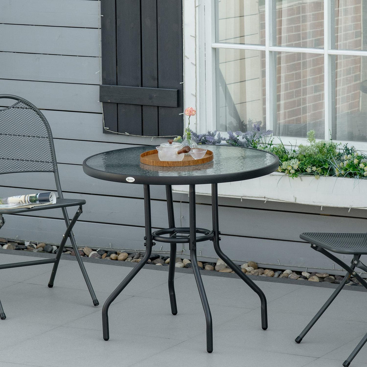 Garden Table Garden Side Table Garden Furniture Balcony Table Bistro Table With Umbrella Hole Tempered Glass + Metal Black Ø80 X 72 Cm