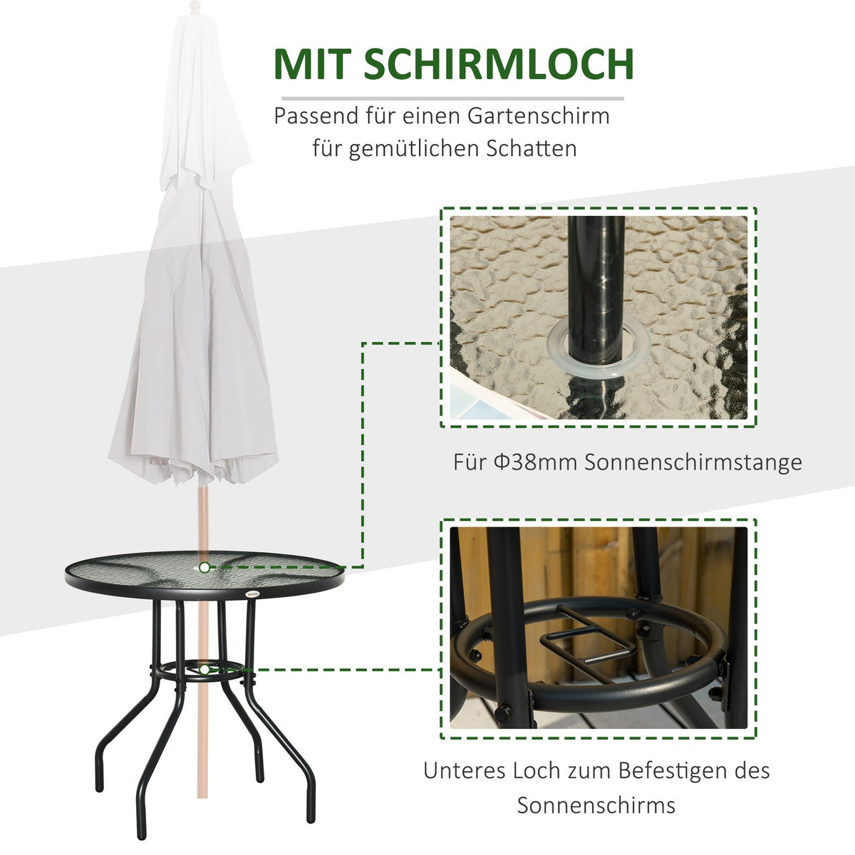 Garden Table Garden Side Table Garden Furniture Balcony Table Bistro Table With Umbrella Hole Tempered Glass + Metal Black Ø80 X 72 Cm