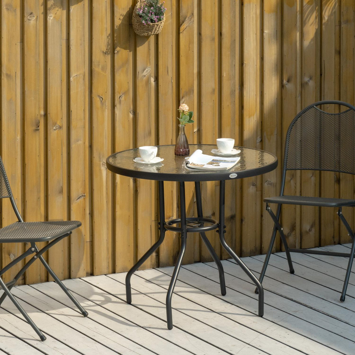 Garden Table Garden Side Table Garden Furniture Balcony Table Bistro Table With Umbrella Hole Tempered Glass + Metal Black Ø80 X 72 Cm