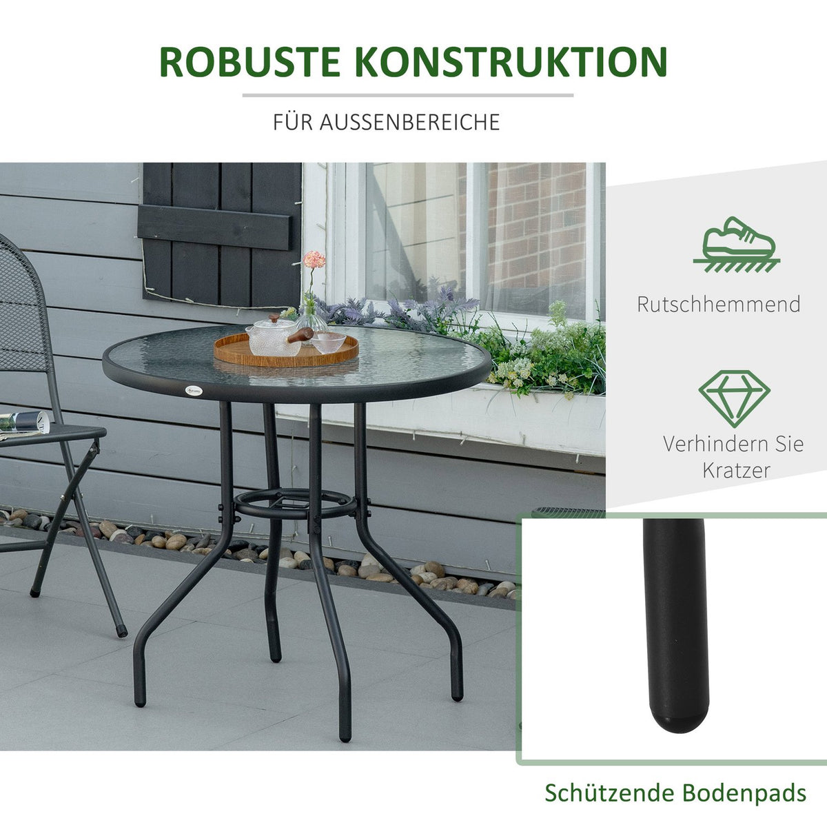 Garden Table Garden Side Table Garden Furniture Balcony Table Bistro Table With Umbrella Hole Tempered Glass + Metal Black Ø80 X 72 Cm