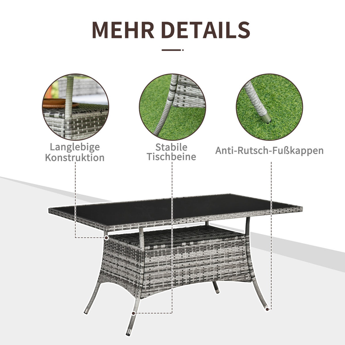 Garden Table Glass Table Polyrattan Safety Glass Gray Black 150X85X74Cm