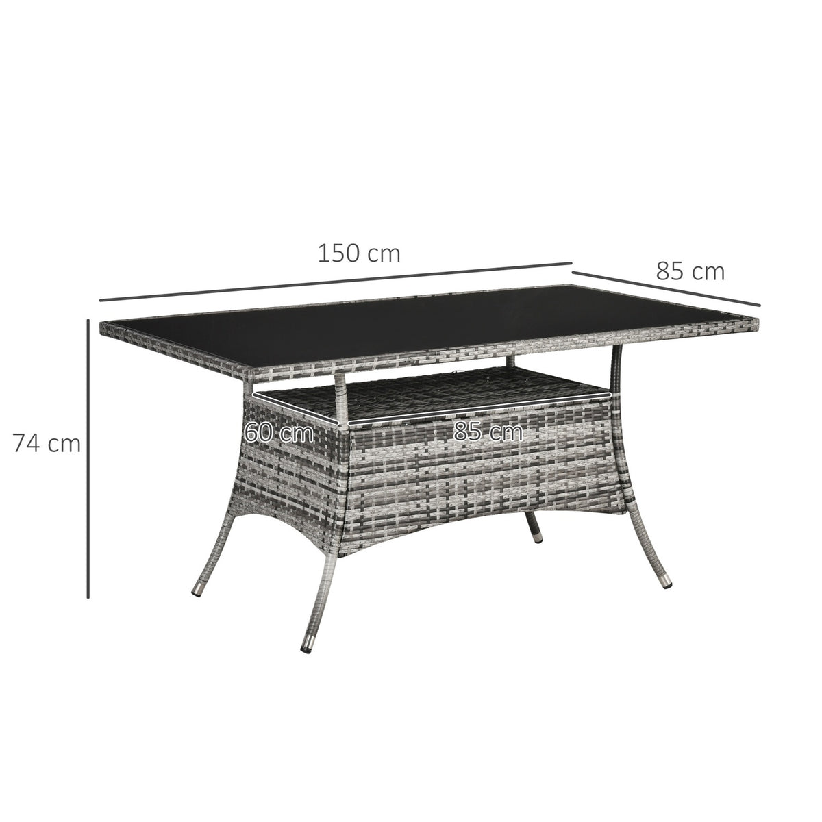 Garden Table Glass Table Polyrattan Safety Glass Gray Black 150X85X74Cm