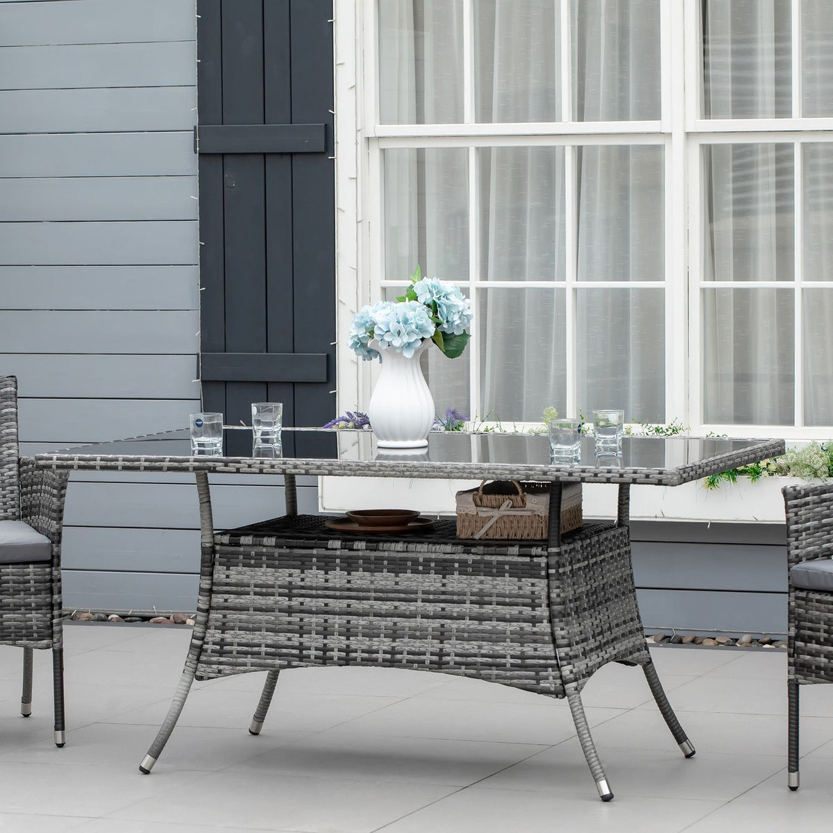 Garden Table Glass Table Polyrattan Safety Glass Gray Black 150X85X74Cm